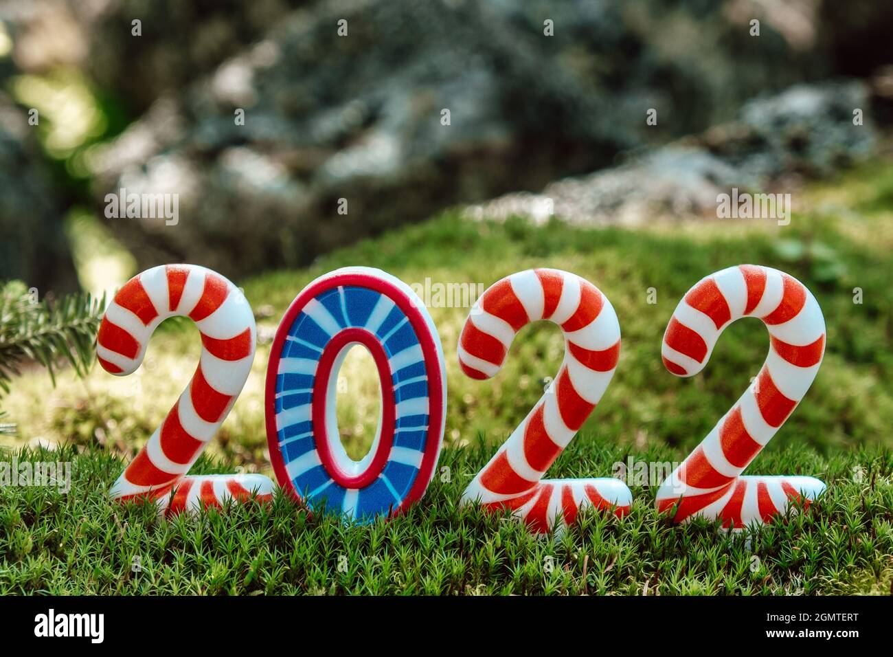 Bright, colorful,funny striped numbers 2022 in the forest,on moss against the background of trees.Creative New Year and Christmas card.Tourism concept Stock Photo