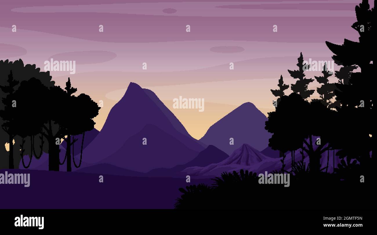 Silhouette twilight forest landscape background illustration Stock ...