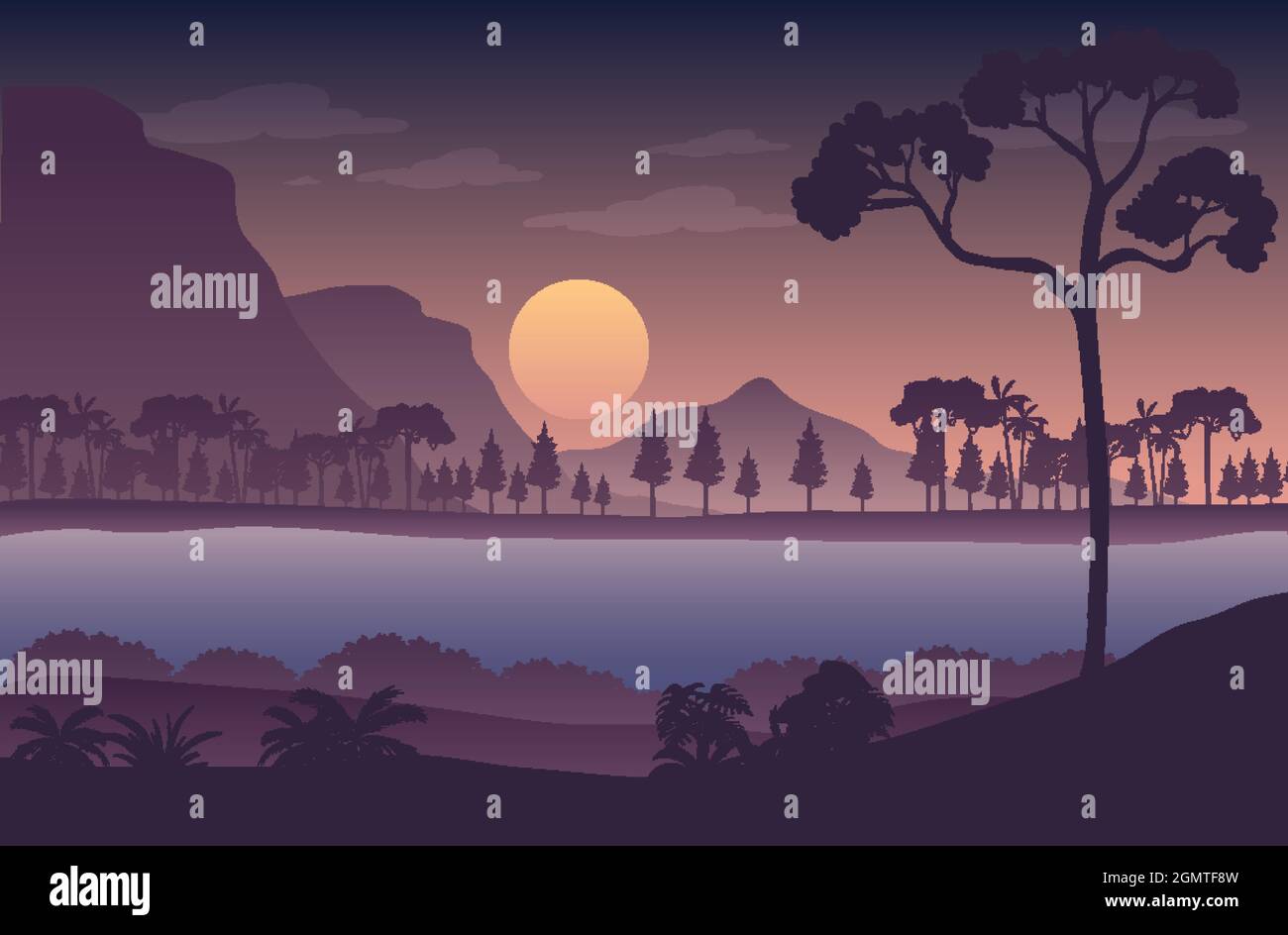 Silhouette twilight forest landscape background illustration Stock ...