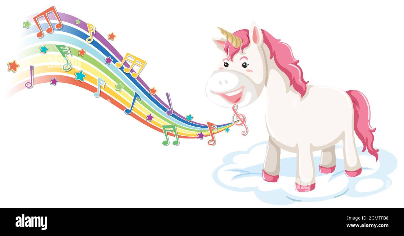 Cute unicorn standing on the cloud with melody symbols on rainbow ...