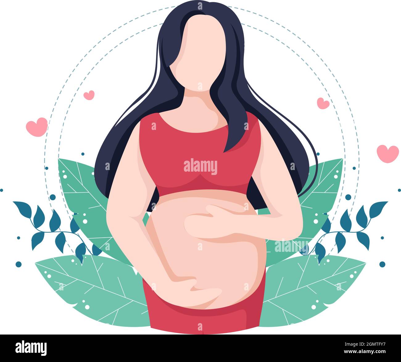 Pregnant Lady with Hugs her Belly or Mother Waiting for the Baby in Flat Cartoon Design Style Background of Leaves Vector Illustration Stock Vector