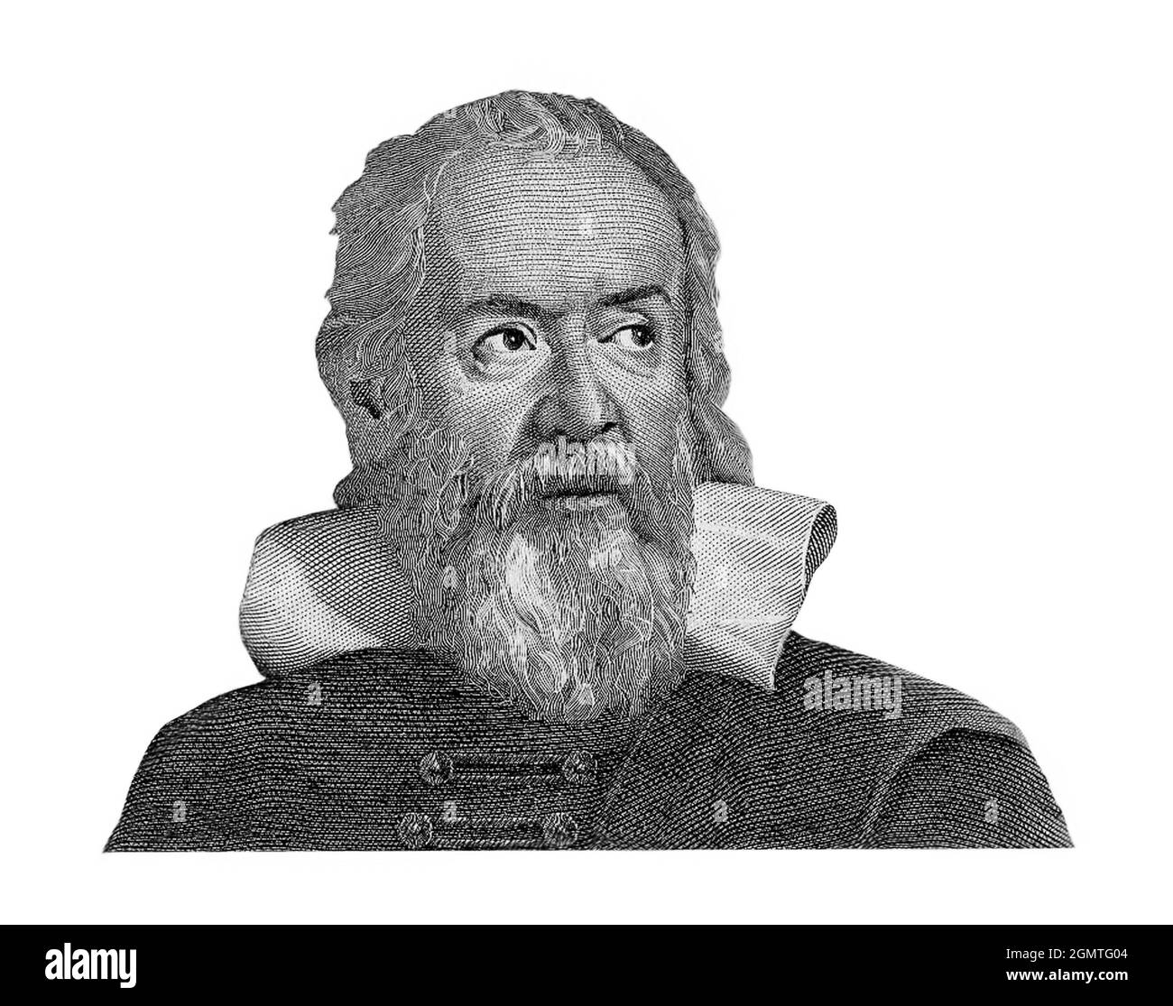 World famous Italian medieval scientist Galileo Galilei isolated on white background. Black and white image. Fragment of old Italian banknote Stock Photo