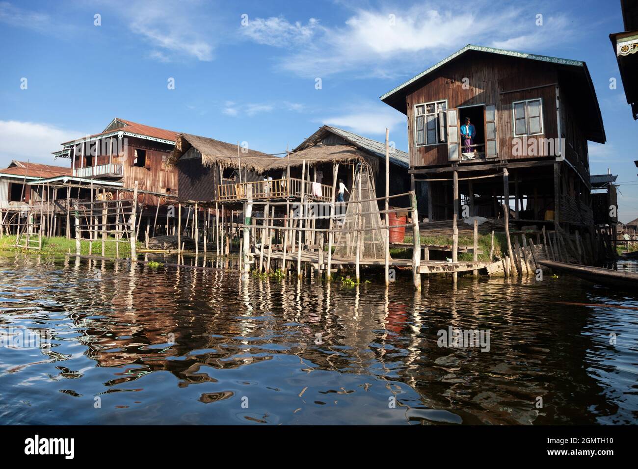 Lake Inle, Myanmar - 1 February 2013; Native Intha villages by Lake Inle, Myanmar, are commonly built on stilts to protect against the frequent floodi Stock Photo