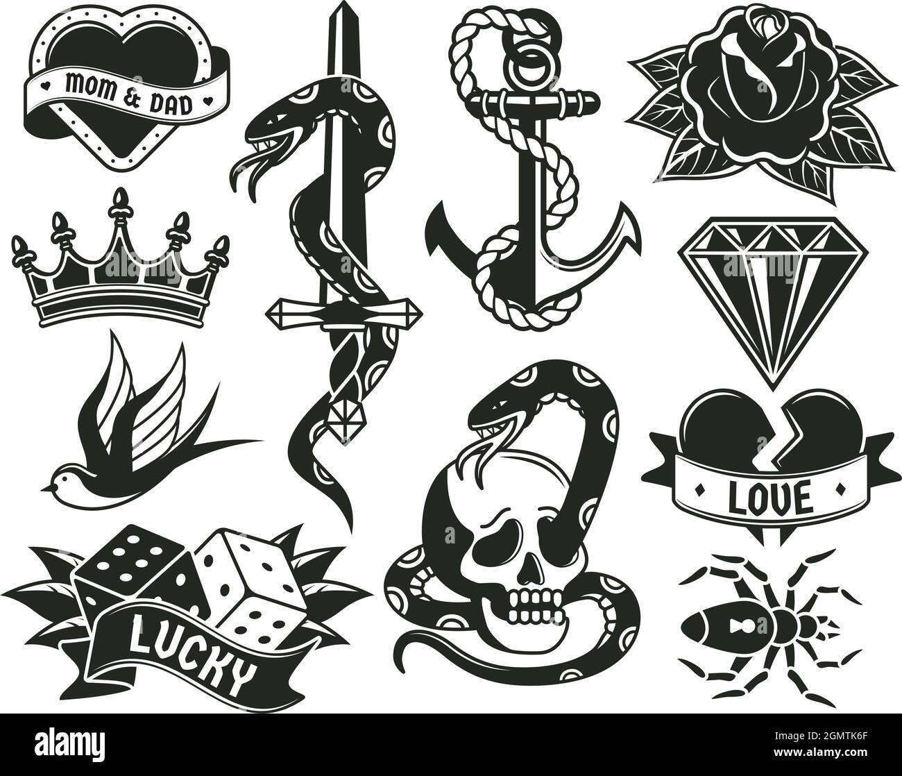 Old school tattoo symbols, heart, knife, knot, roses. Retro tattooing elements snake, crown and dice symbols vector illustration set. Vintage Stock Vector