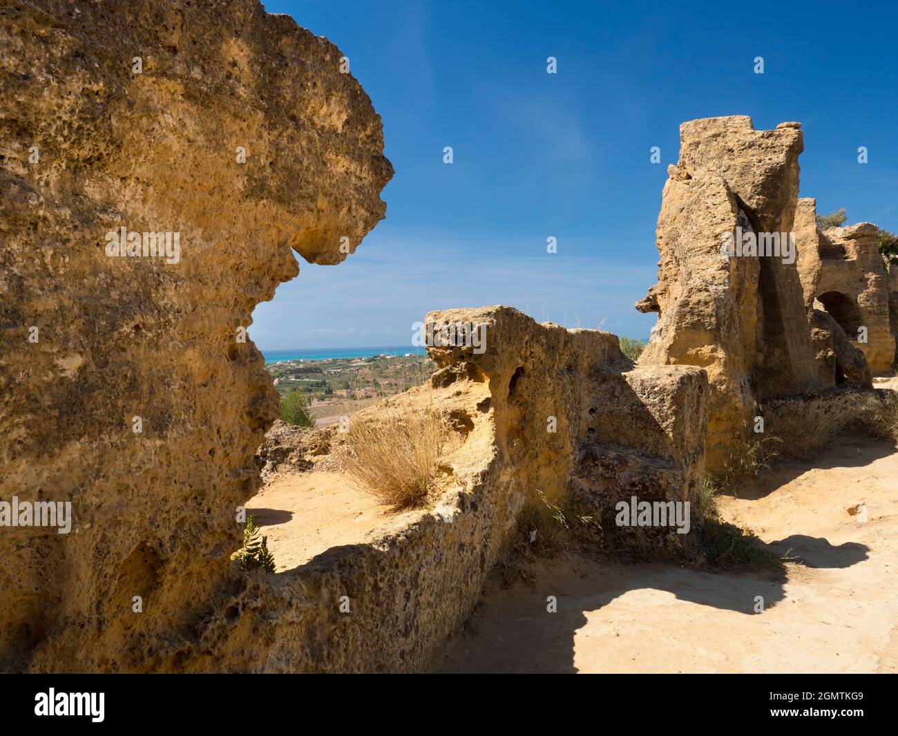 Agrigento, Sicily, Italy - 24 September 2019; no people in shot.     Overlooking the Mediterranean, these ancient Greek-era battlements protected the Stock Photo