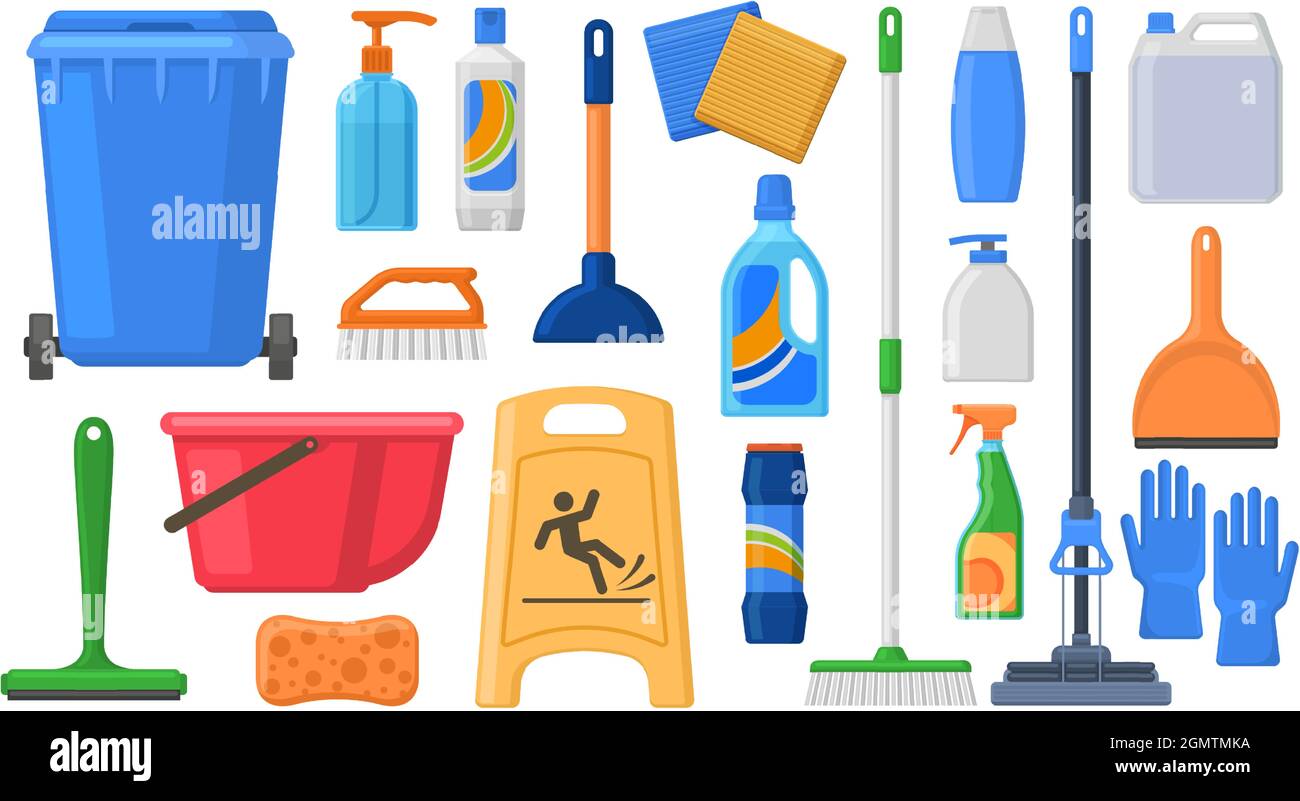 Household supplies, cleaning services tools and detergent bottles. Cleaning  supplies, detergents, brush, bucket and mop vector Illustration set. House  Stock Vector Image & Art - Alamy