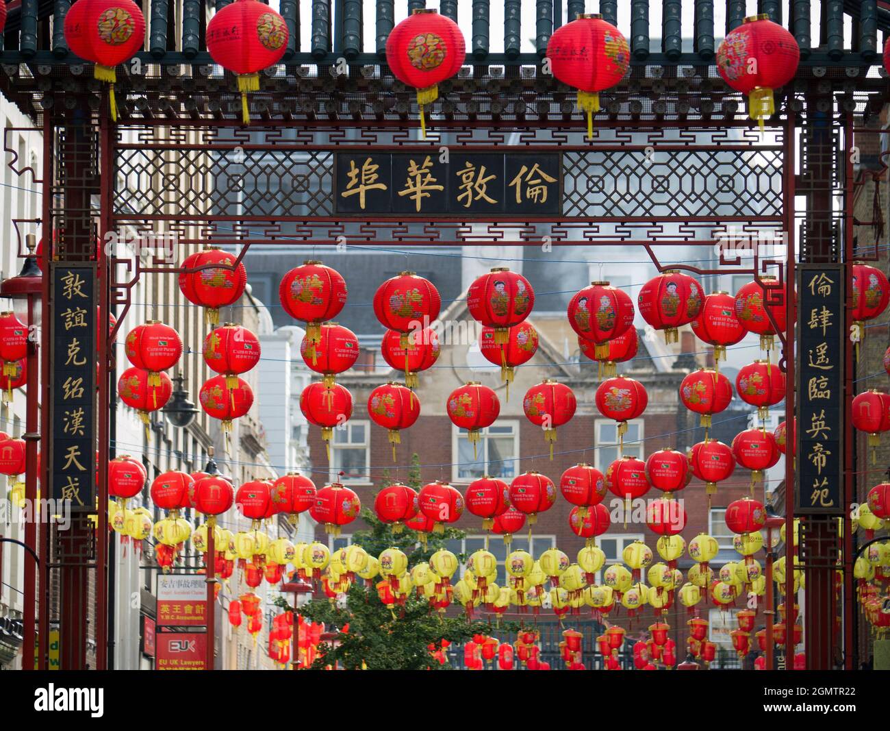 Chinatown, London decorated with traditional red lanterns during the Spring Festival of Chinese New Year. Festivals at the turn of the  Lunar Year are Stock Photo