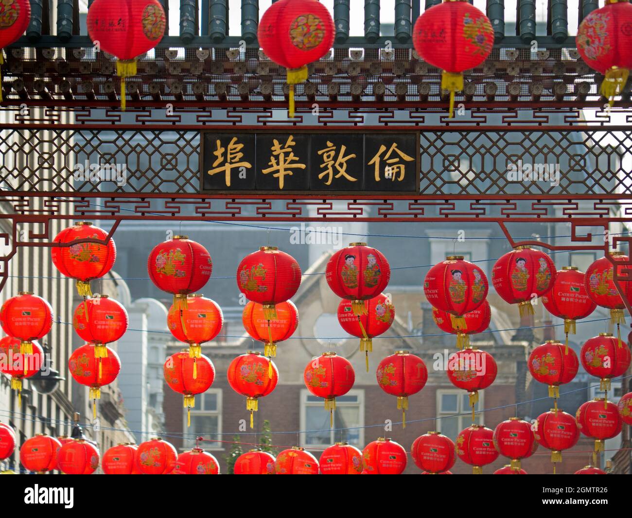 Chinatown, London decorated with traditional red lanterns during the Spring Festival of Chinese New Year. Festivals at the turn of the  Lunar Year are Stock Photo