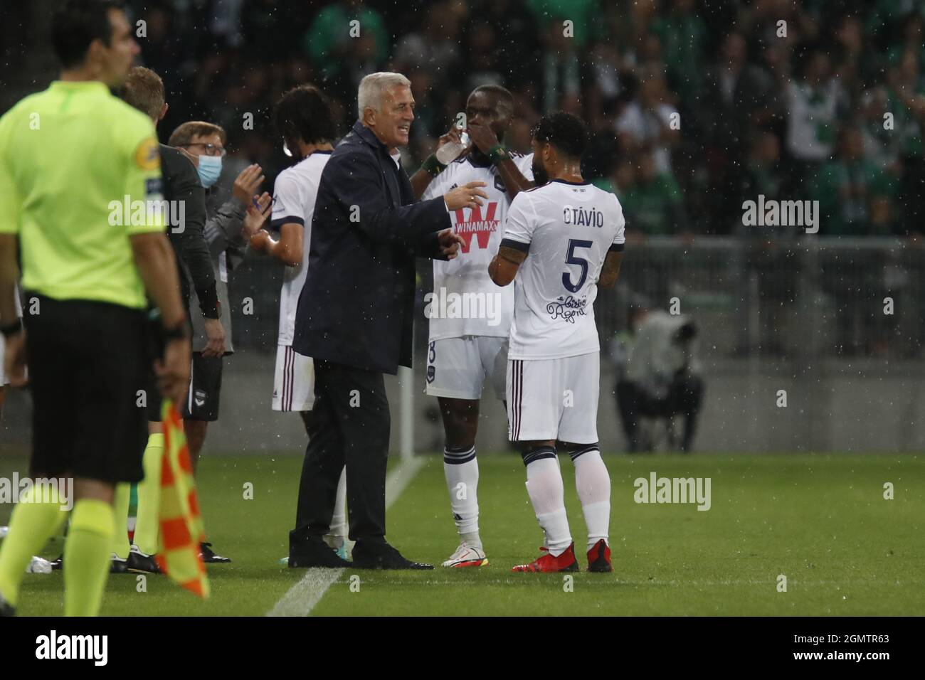 Vladimir PETKOVIC coach of Bordeaux and Otavio PASSOS SANTOS of Bordeaux during the French championship Ligue 1 football match between AS Saint-Etienne and FC Girondins de Bordeaux on September 18, 2021 at Geoffroy-Guichard stadium in Saint-Etienne, France - Photo: Romain Biard/DPPI/LiveMedia Stock Photo