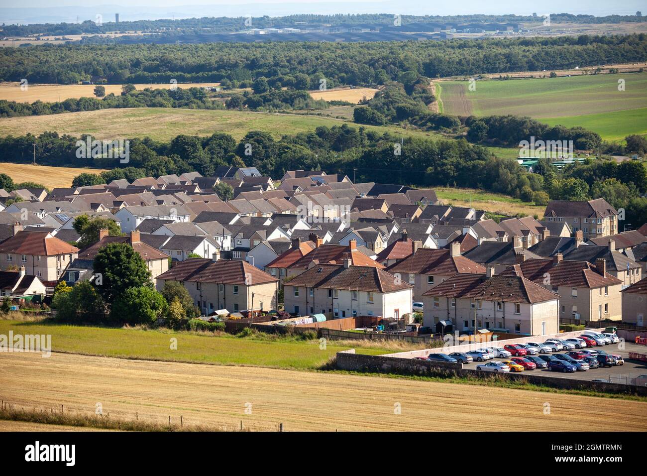 Looking down to the village of Kinglassie from the Pilgrims Way, Fife, Scotland Stock Photo