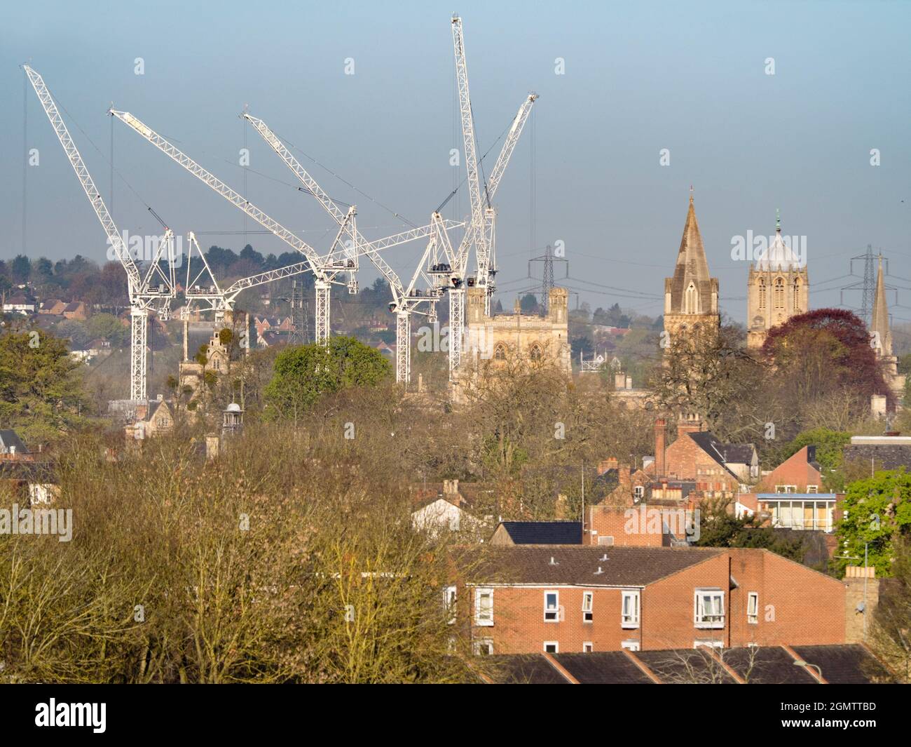 These mammoth cranes are all at work on Oxford's giant Westgate development project. Delayed for many years by the financial recession, it is now fina Stock Photo