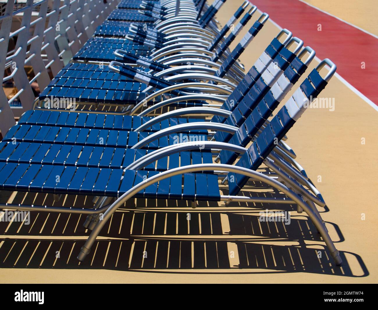 11 May 2018; Empty recliners on a cruise liner off Palma de Mallorca in the Baleraric Islands. Mallorca is the largest island in the Islands, which ar Stock Photo