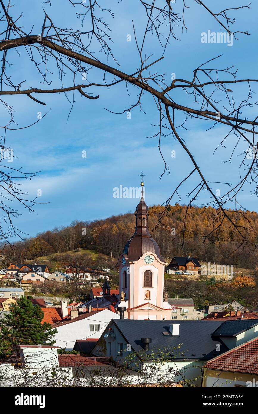 Stramberk town with Kostel sv. Jana Nepomuckeho church and Bila hora hill on the background in Czech republic during beautiful autumn day Stock Photo