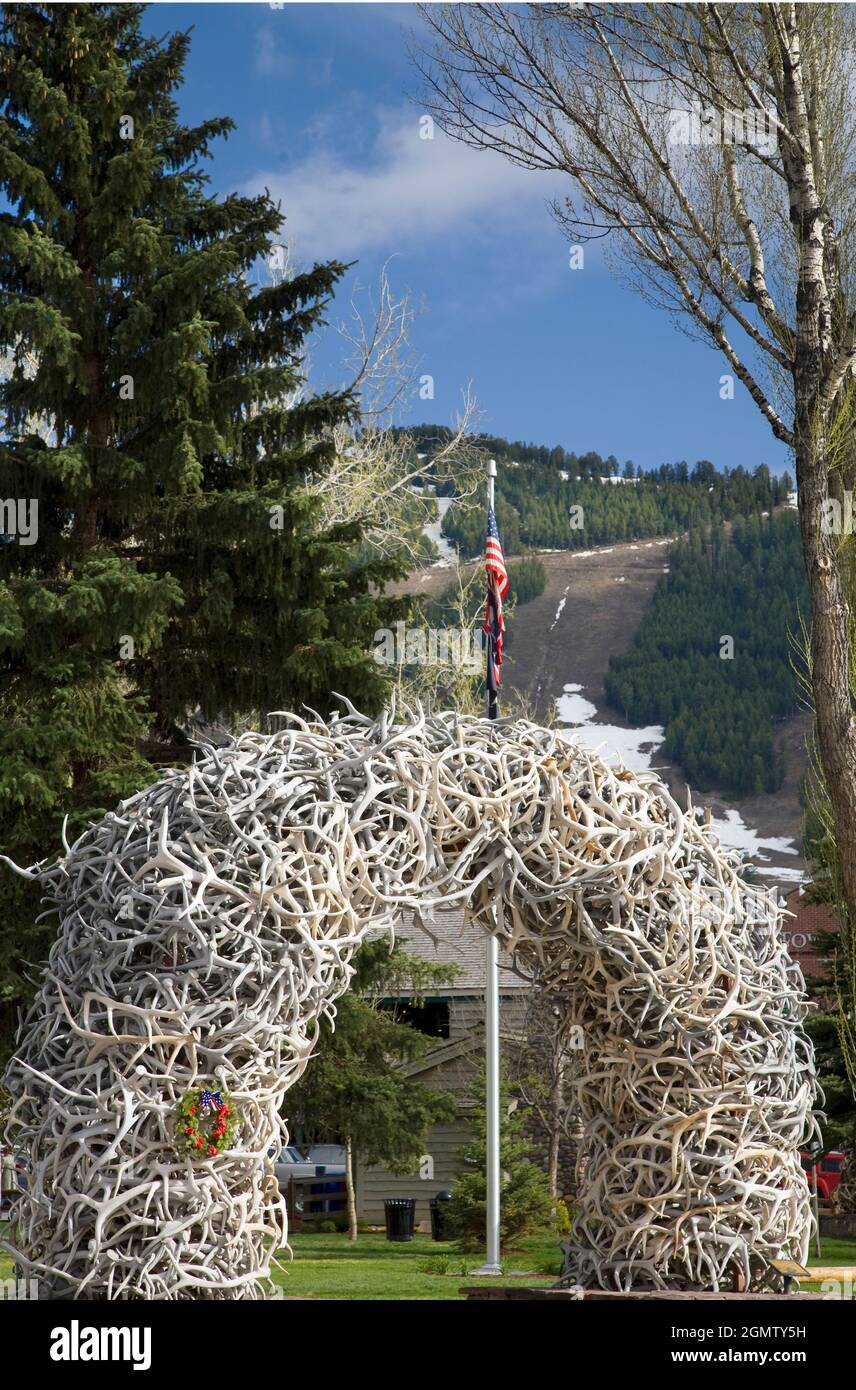 Wyoming, USA - November 2018; Now here's an unpleasant sight - an arch constructed solely out of elk horns. If my town had one of these, I'd bomb the Stock Photo