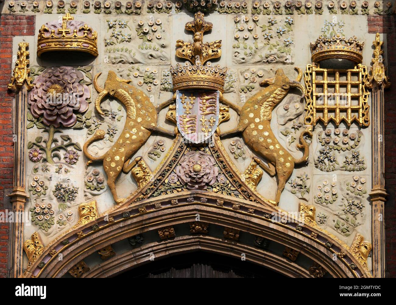 Cambridge, England - 22 July 2009; no people in view. Here we see the beautiful and distinctive carvings above the main entrance to St John's College, Stock Photo