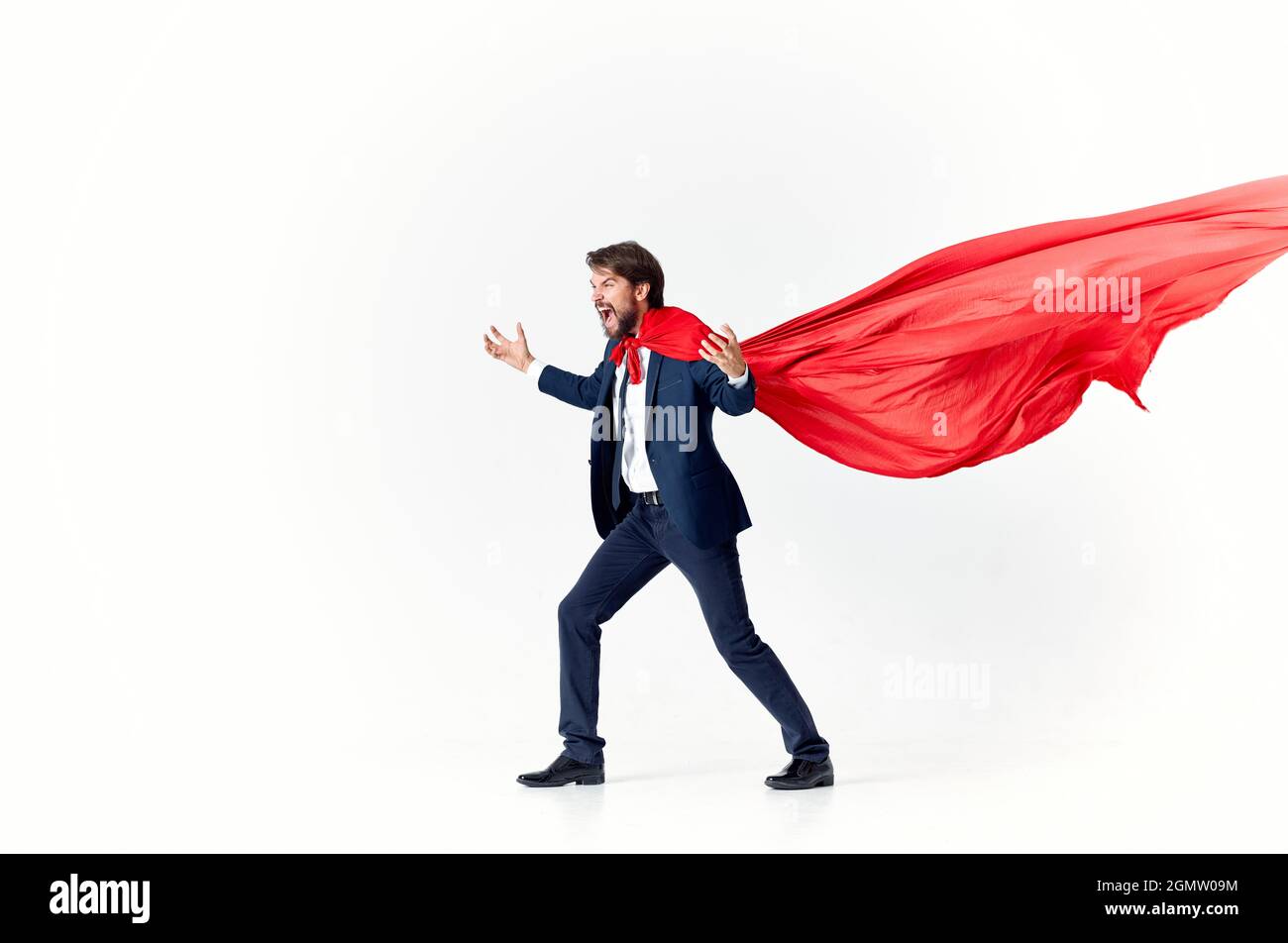 business man in suit red cloak power superhero city defense Stock Photo ...