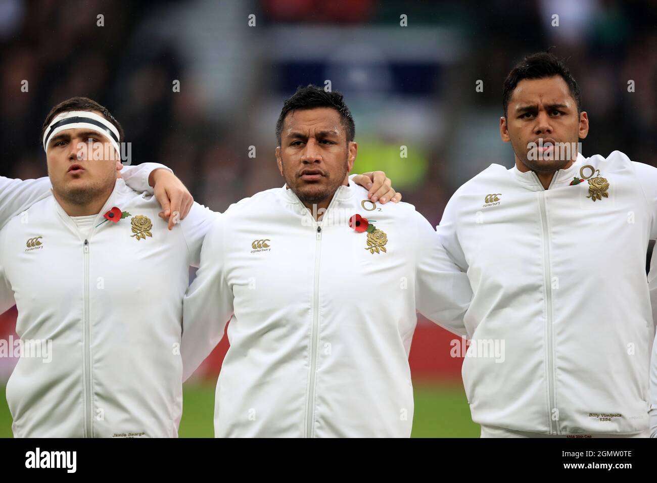 File photo dated 12-11-2016 of (left-right) England's Jamie George, Mako Vunipola and Billy Vunipola during the Autumn International match at Twickenham Stadium, London. Issue date: Tuesday September 21, 2021. Stock Photo