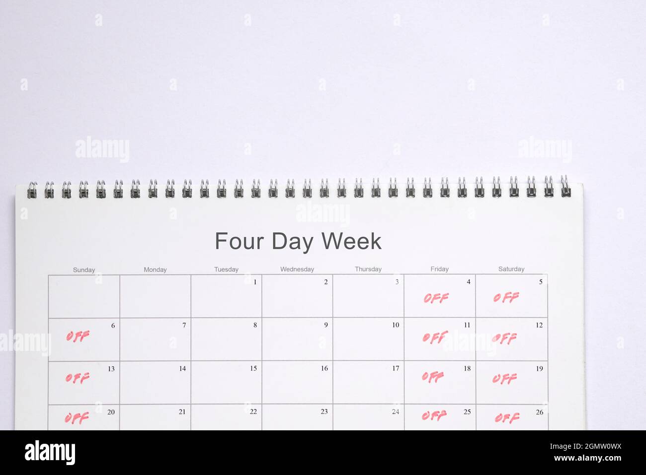 Calendar with four day work week, off on Friday, Saturday and Sunday. Copy space. Stock Photo