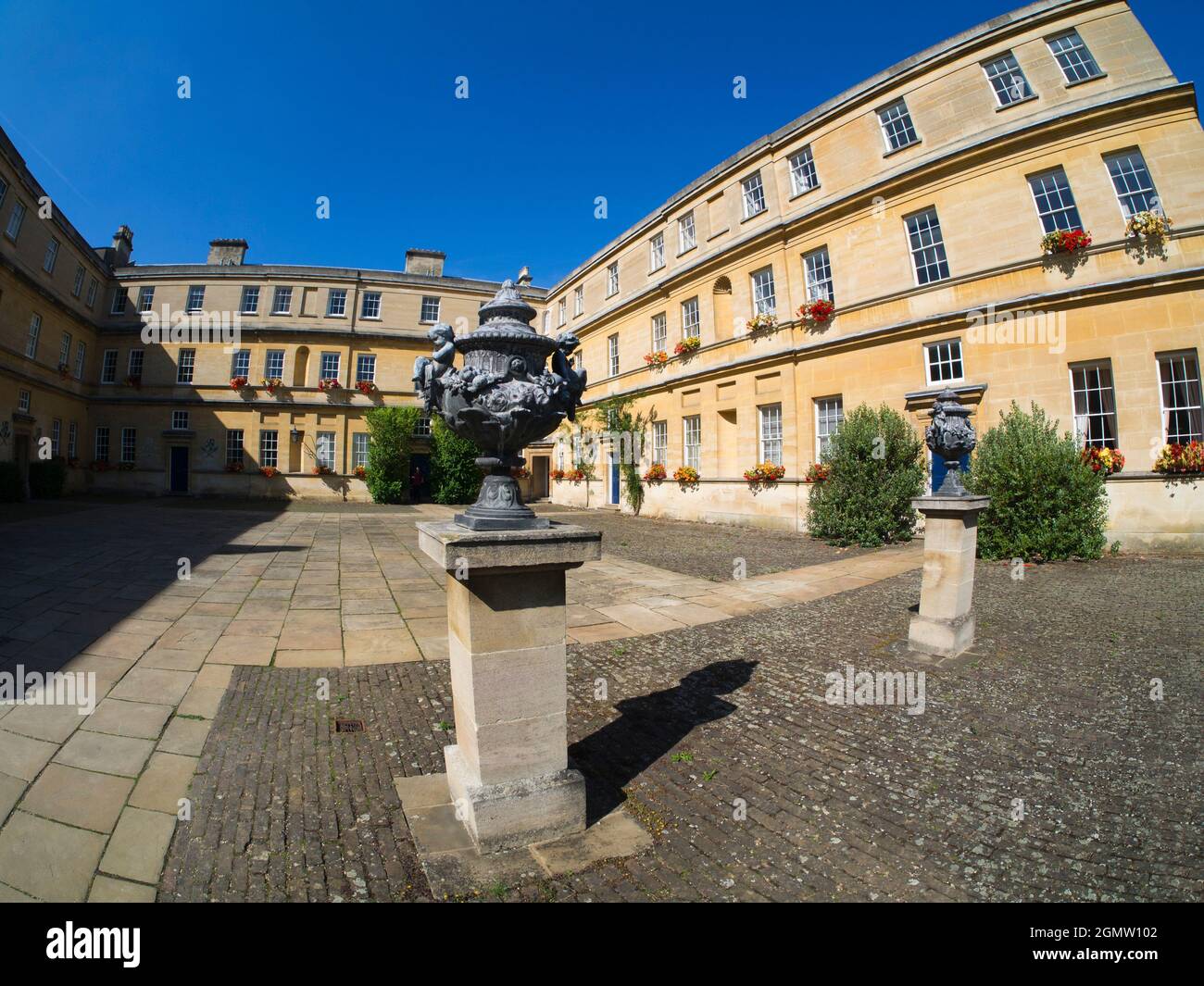 Oxford, England - 20 September 2013; no people in view. The garden Quadrangle of Trinity College of Oxford University, England.This relatively large a Stock Photo