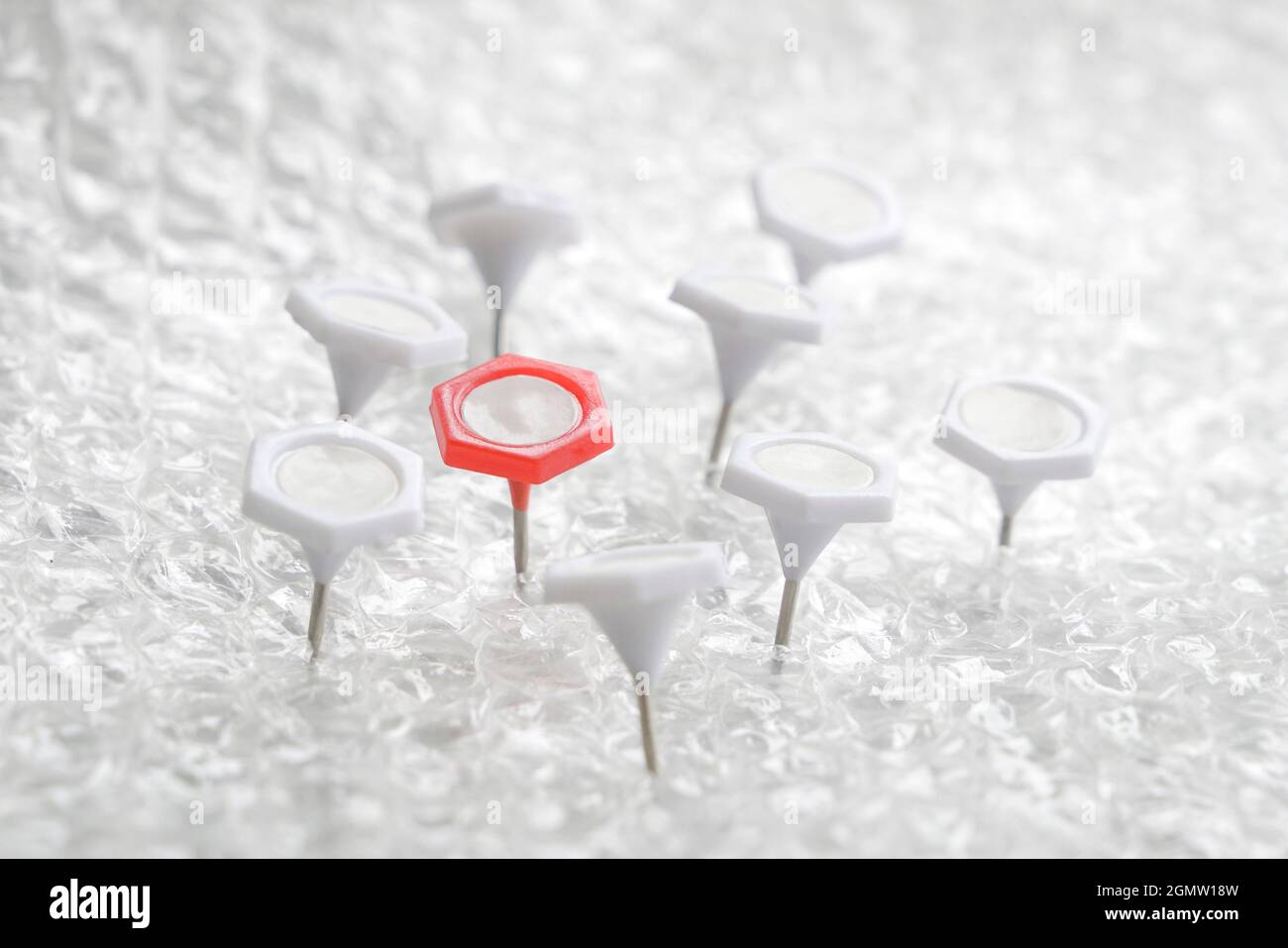 Red thumb tack in the midst of other white thumb tacks. Leadership or