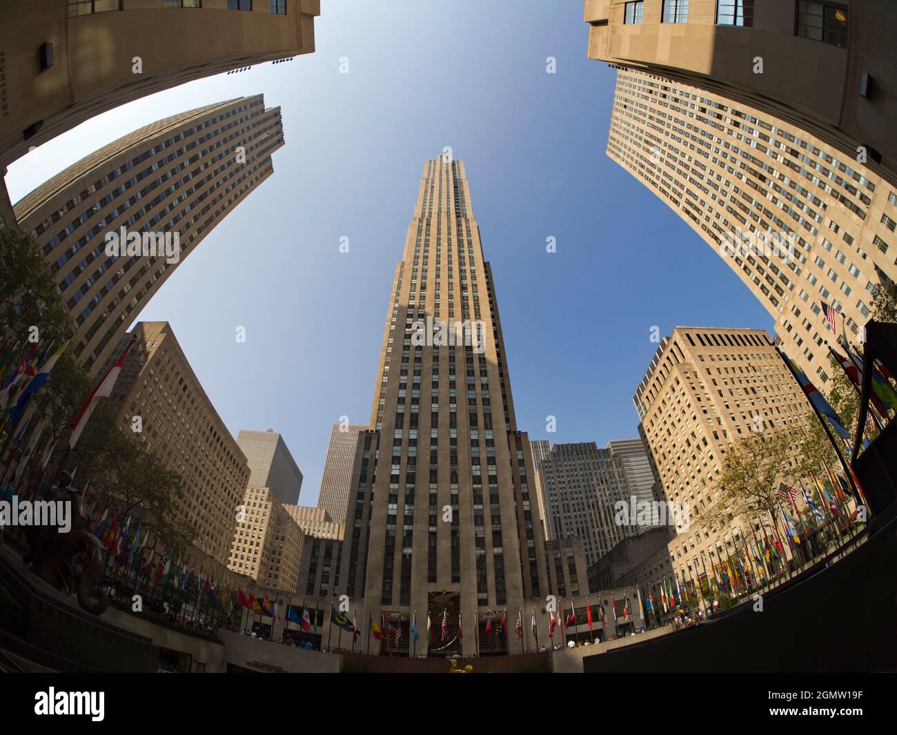 New York, USA - 11 April 2013; no people in view. An iconic piece of New York grandiose architecture, the Rockefeller Center is a large complex of com Stock Photo