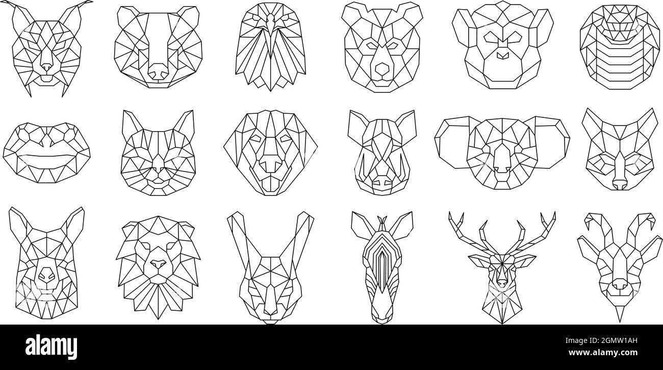 Linear polygonal animal bear, snake, dog geometric heads. Low poly animals faces, boar, llama, lynx and koala vector illustration set. Polygonal Stock Vector