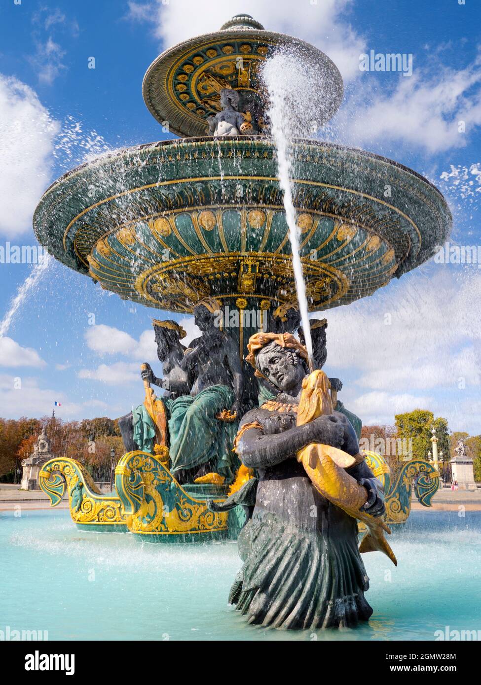 Paris, France - 20 September 2018   The exuberant Fontaines de la Concorde are a matched pair of monumental fountains located in the Place de la Conco Stock Photo