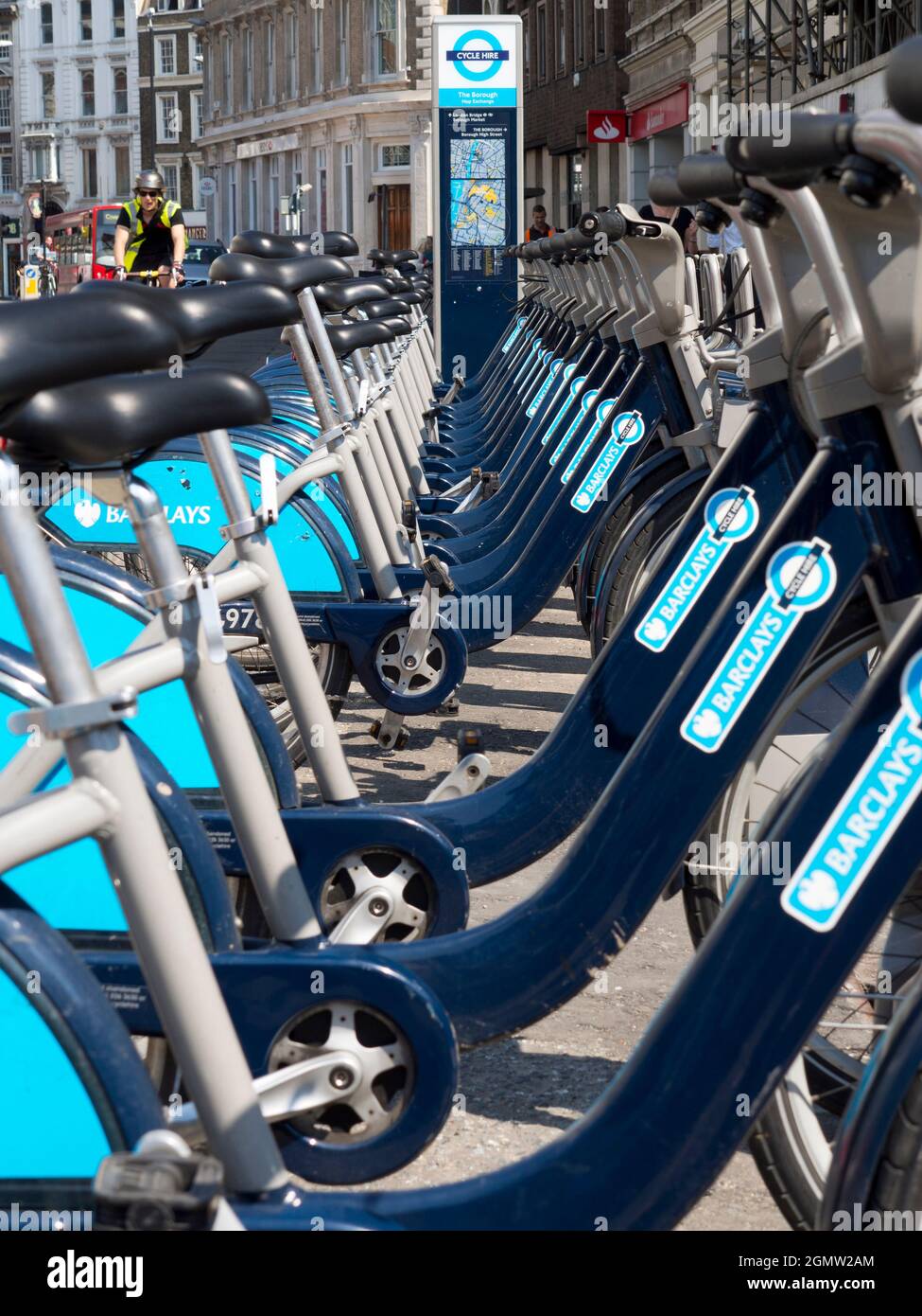 London, England - 2012; It is ten years since the first hire bikes of London's green cycle scheme appeared on the streets of London. Whilst the cycles Stock Photo