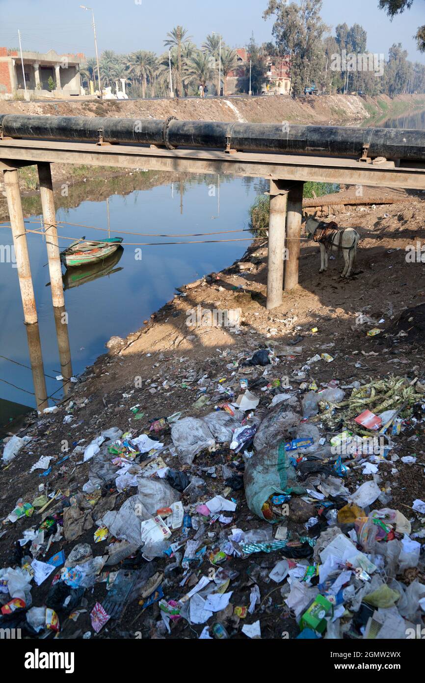 Saqqara, Egypt - 2010; Horrible scene of piles of rank garbage tossed carelessly into a canal to rot and stink in the searing heat and sun. Not the mo Stock Photo