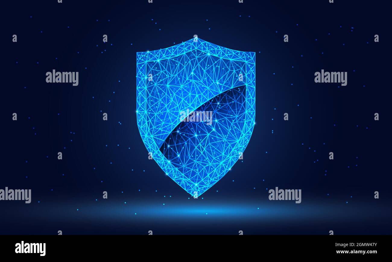 Security Shield. Abstract wireframe vector illustration on dark blue. Protect and Security of Safe concept. Low poly starry sky digital 3d modern imag Stock Vector