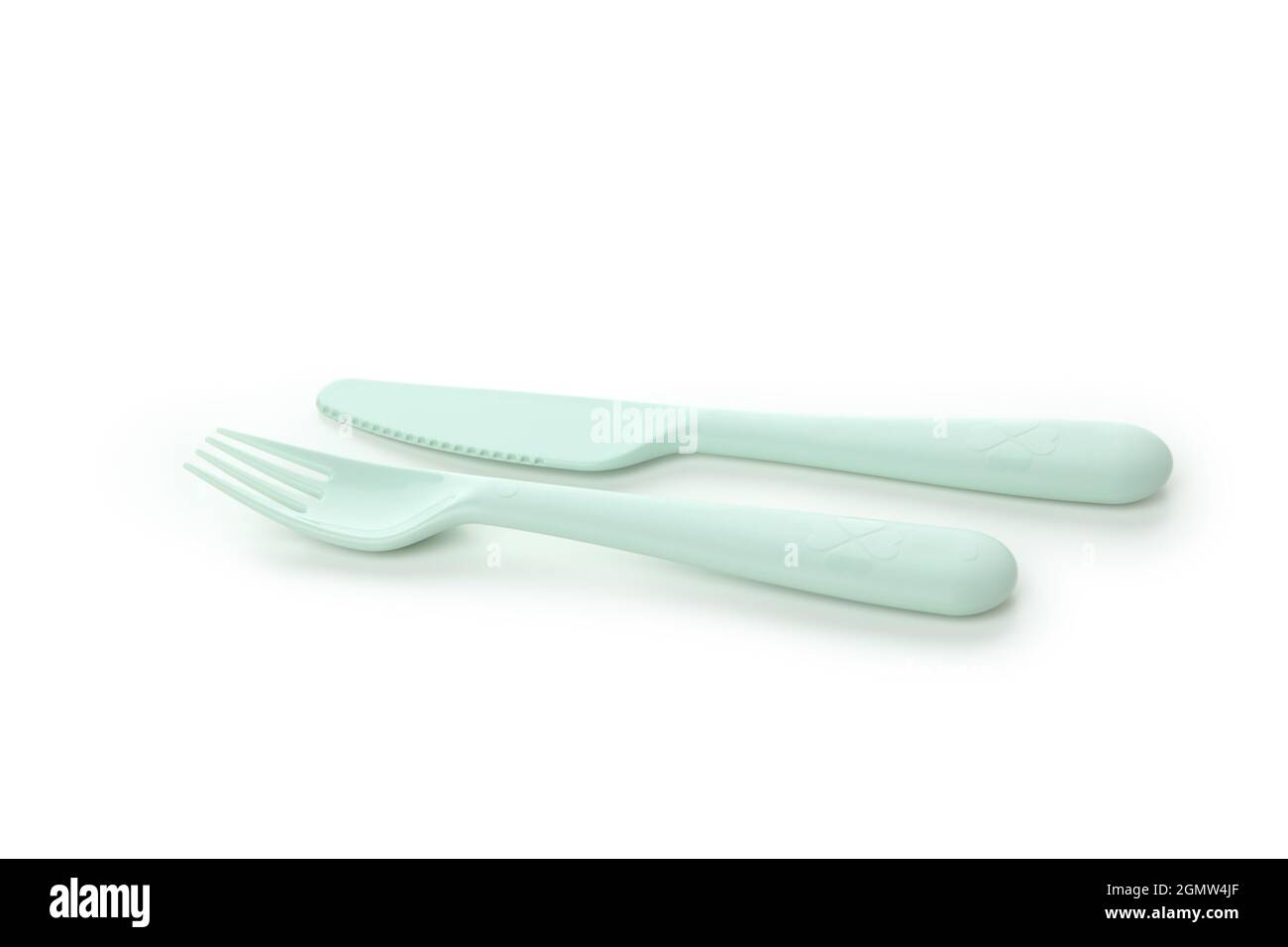 Plastic fork and knife isolated on white background Stock Photo