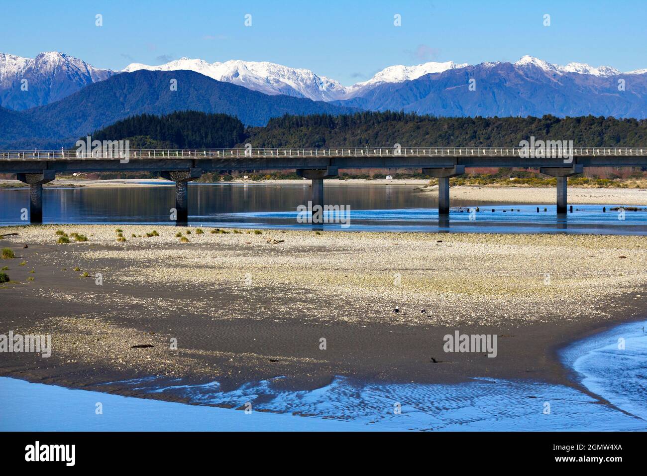 South Island, New Zealand - 19 May 2012 The bay and bridge are viewed from Pierson Esplanade. Hokitika is a small coastal township in the West Coast r Stock Photo