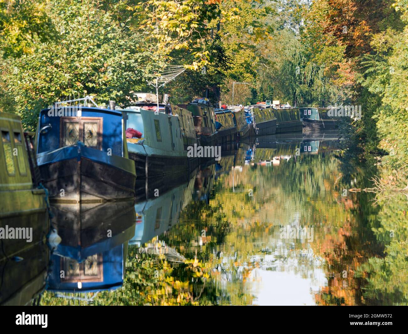 Oxford, England -  2011;  Oxford's waterways, canals, streams and rivers are a source of many tranquil, scenic delights. Here we see houseboats moored Stock Photo