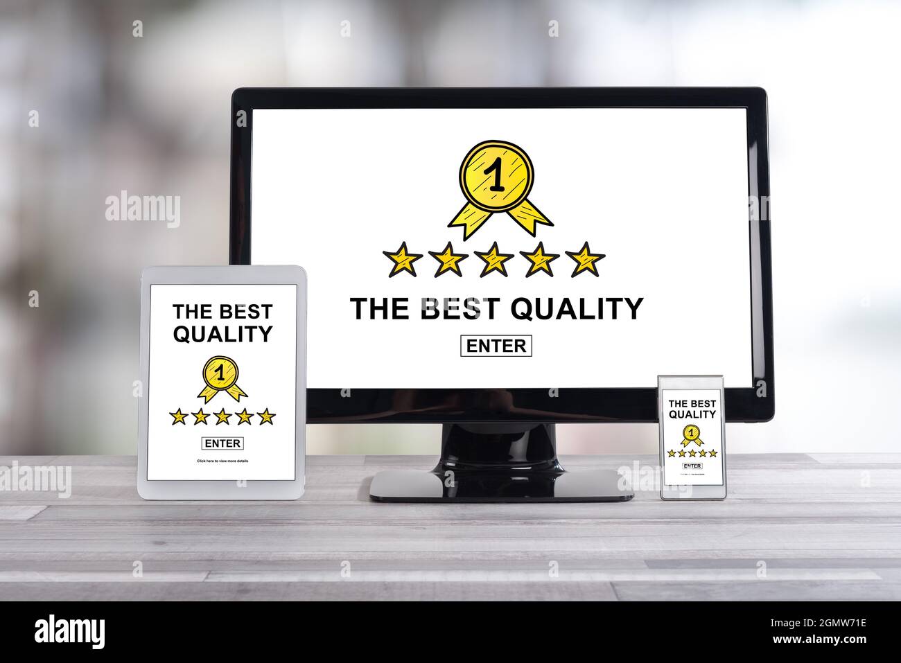 Best quality concept shown on different information technology devices Stock Photo