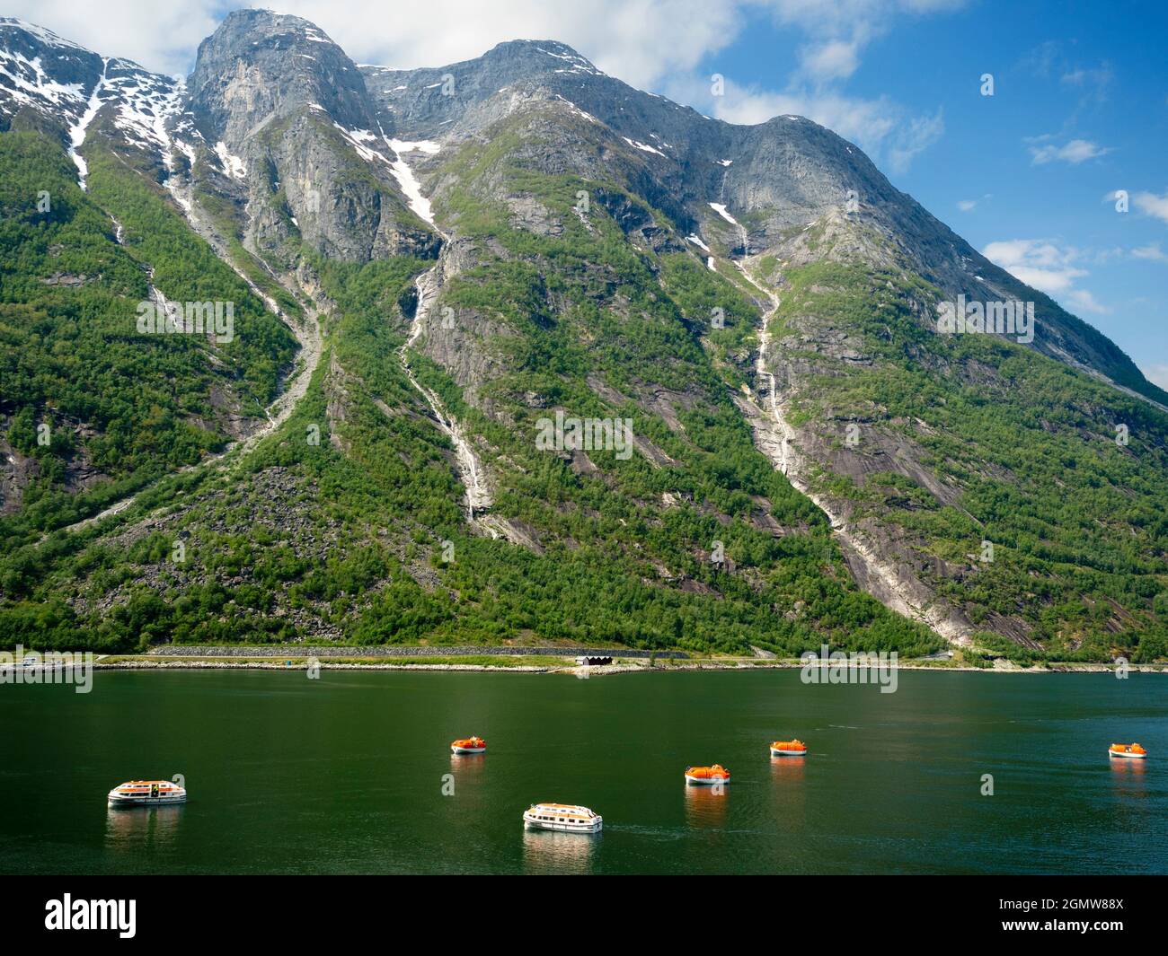 Like all such geological features in Norway, Eifjord is a long, narrow inlet with steep sides or cliffs, created by glacial erosion during recent Ice Stock Photo