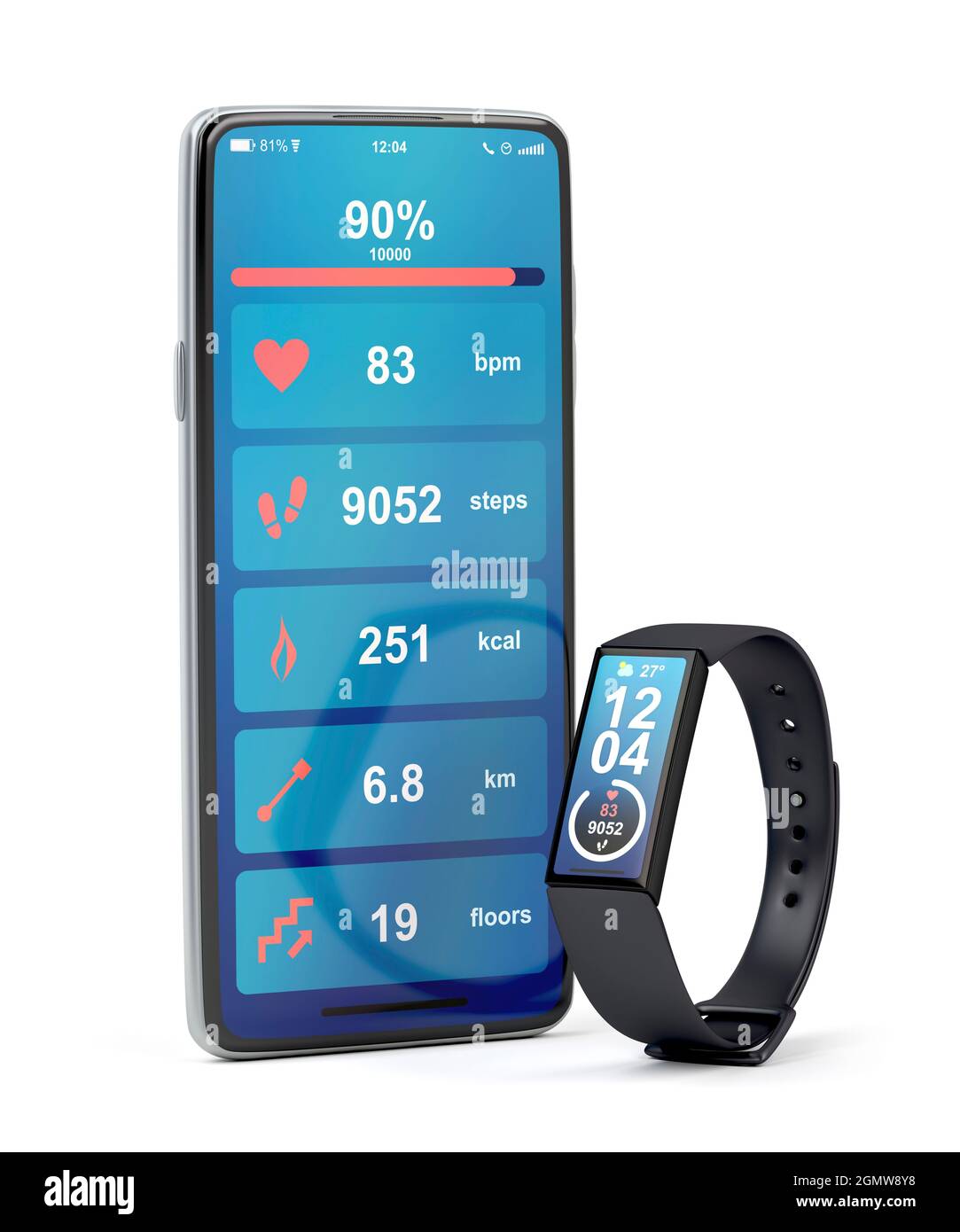 Smartphone and fitness tracker on white background Stock Photo