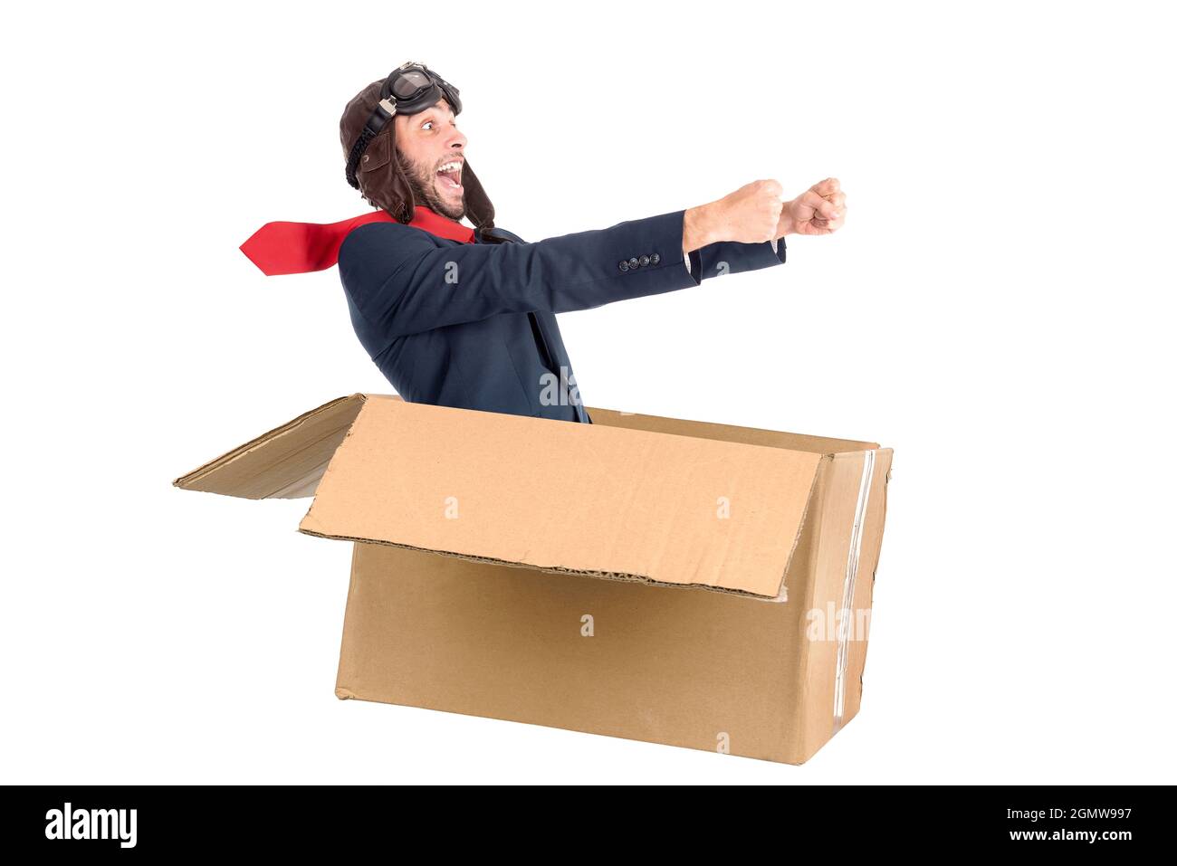 Businessman flying a carboard box isolated in white Stock Photo
