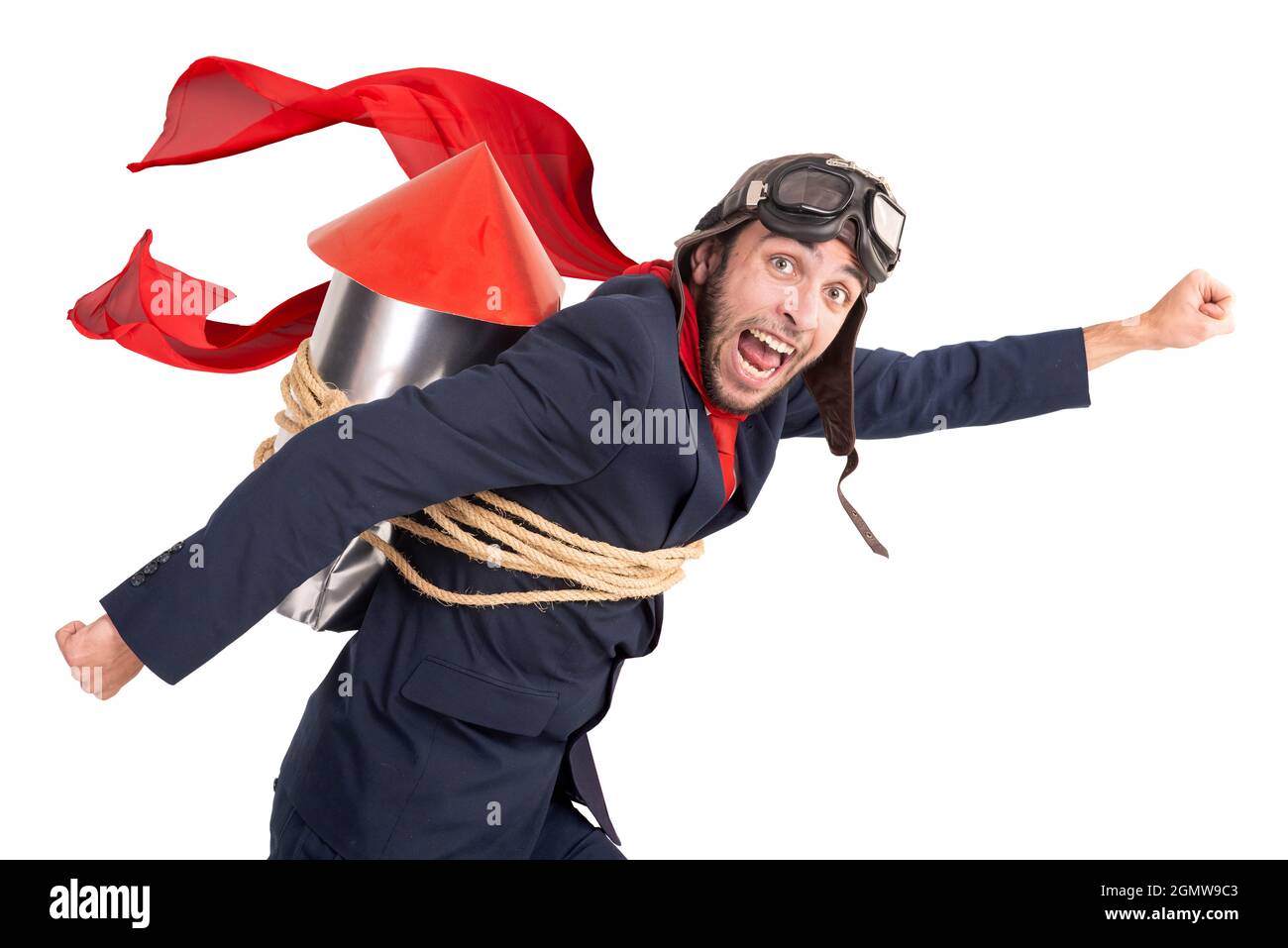 Businessman with homemade rocket and googles ready for a challenge Stock Photo