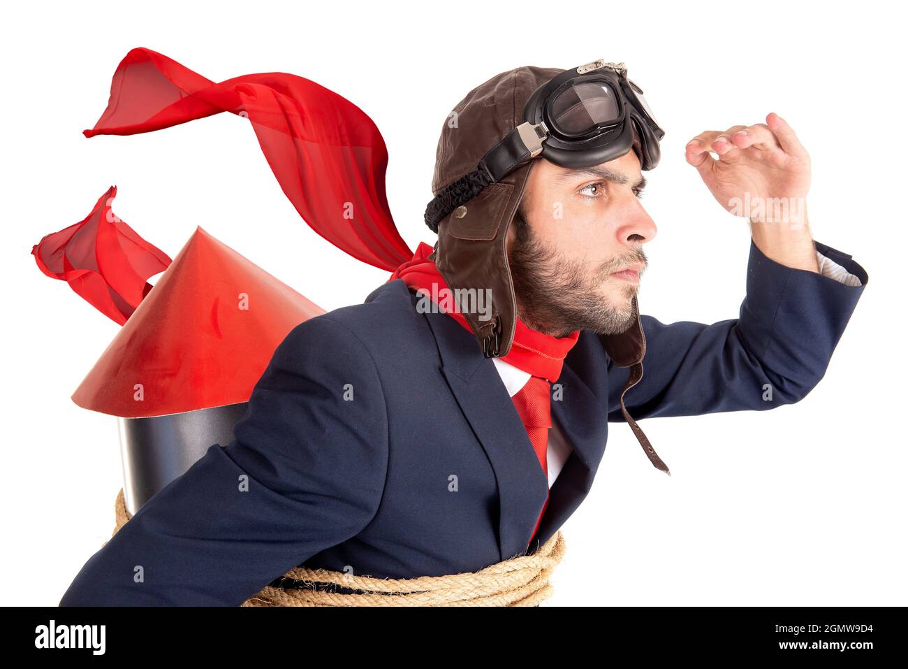 Businessman with homemade rocket and googles ready for a challenge Stock Photo