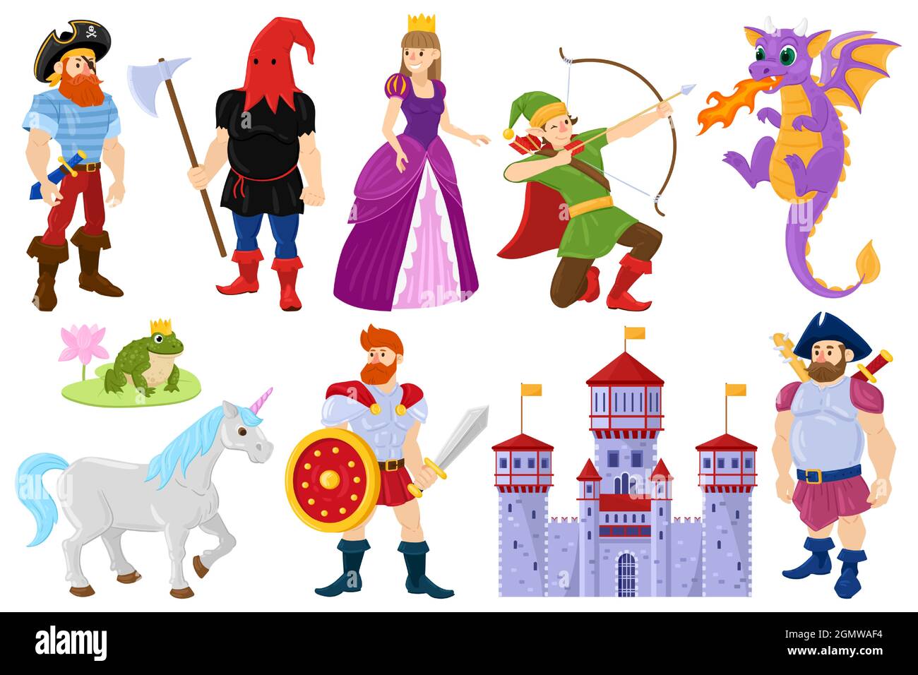 Cartoon fairy tale dragon, pirate, princess fantasy characters. Fairy tale fantasy unicorn, medieval castle, dragon vector illustration set. Magical Stock Vector