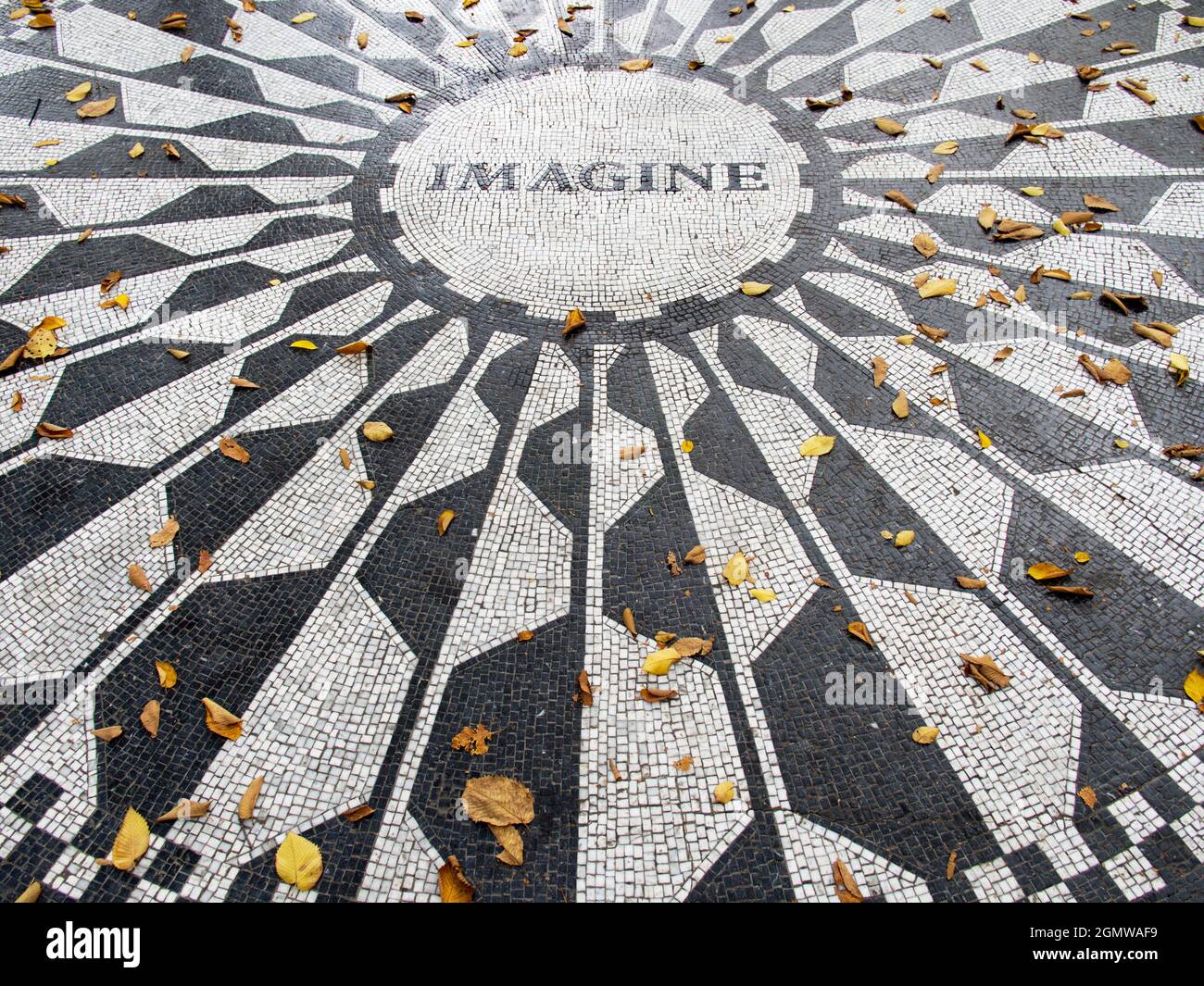 New York, USA - 3 November 2013; no people in view. An iconic place in an iconic city - the simple but dignified memorial to John Lennon in Strawberry Stock Photo