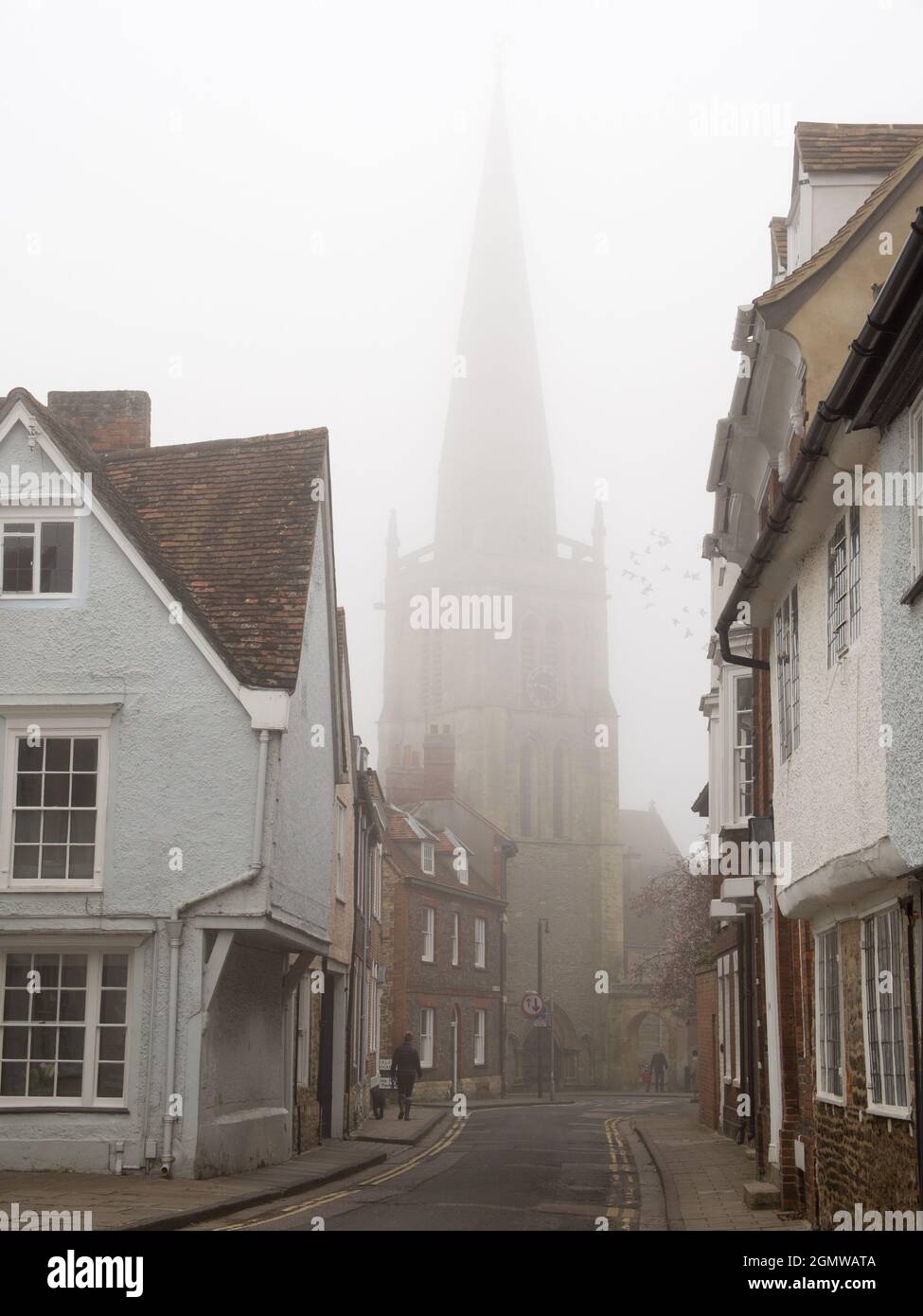 Shown here, St Helens Road leads from Abingdon town centre, England, to St Helens Church (with the obscured spire) and St Helens Wharf by the Thames. Stock Photo