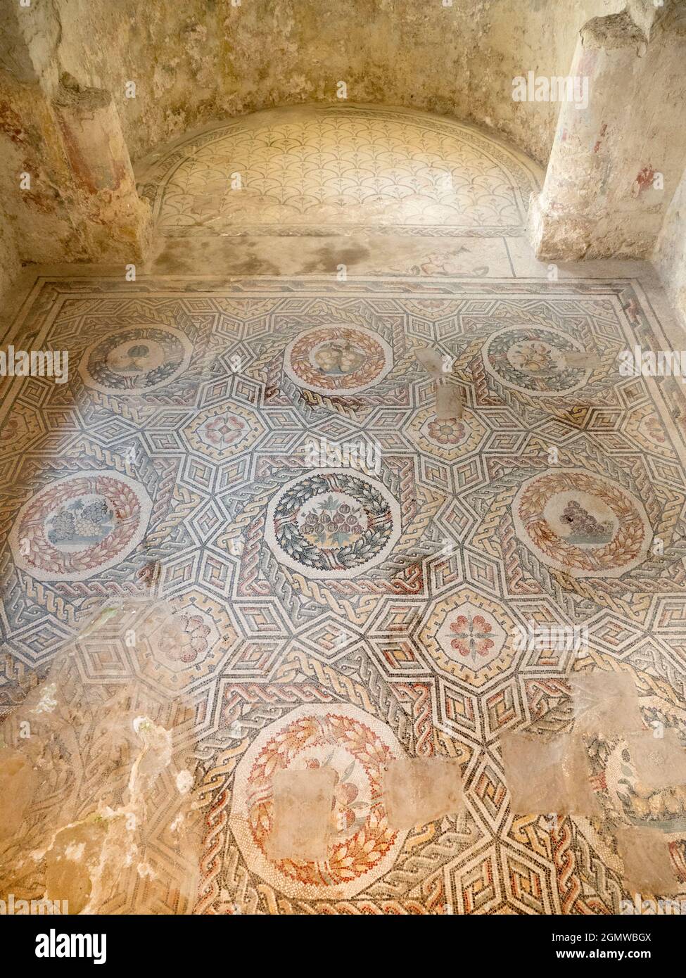 Sicily, Italy - September 2019;  The Villa Romana del Casale is a lavish Roman palace located near to the town of Piazza Armerina in Sicily. Excavatio Stock Photo