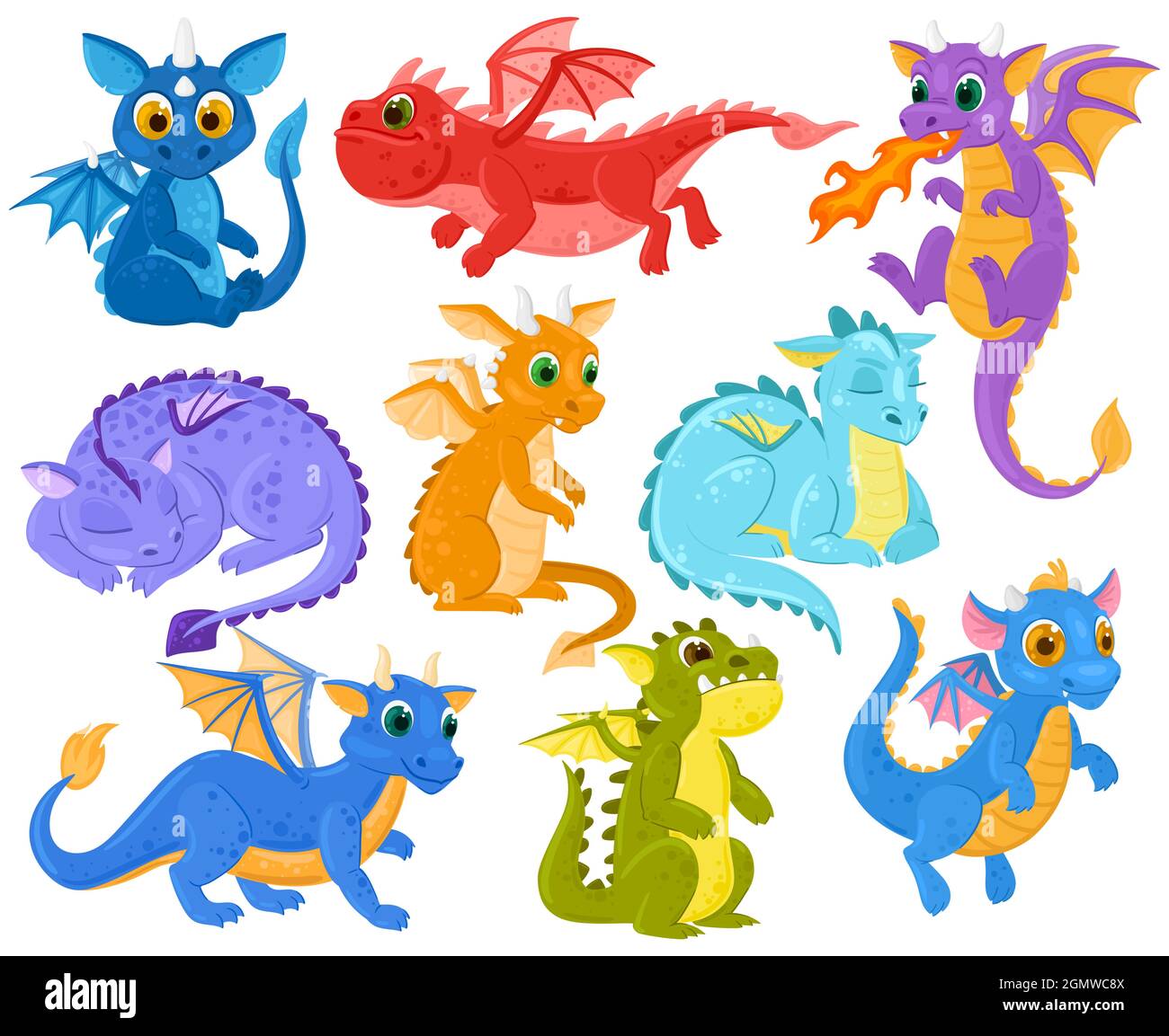 Cartoon dragon kids fantasy cute creature mascots. Funny dragon babies, medieval legends and fairytales dino characters vector illustration set Stock Vector
