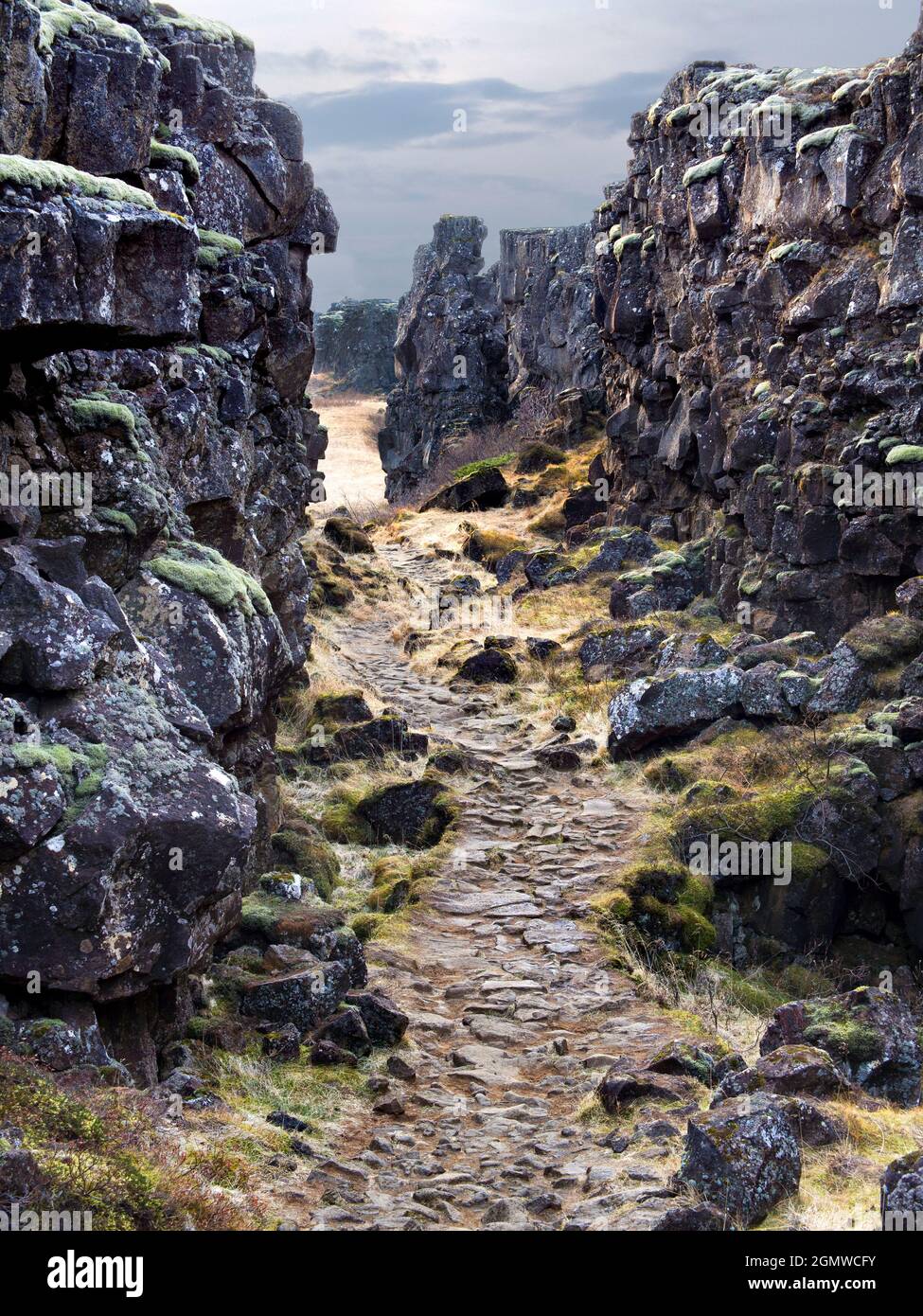 North America collides with Eurasia as tectonic plate meet and rub together in Pingvellir National Park, Iceland. Not just a geological wonder, this n Stock Photo