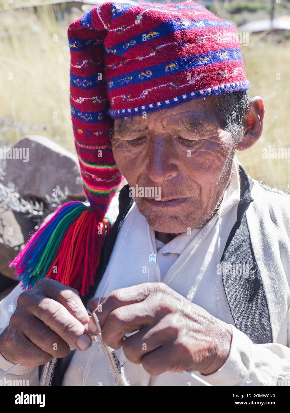 Lake Titicaca, Peru - 18 May 2018   Taquile is an island on the Peruvian side of Lake Titicaca. located some 45 km from the city of Puno. It is inhabi Stock Photo