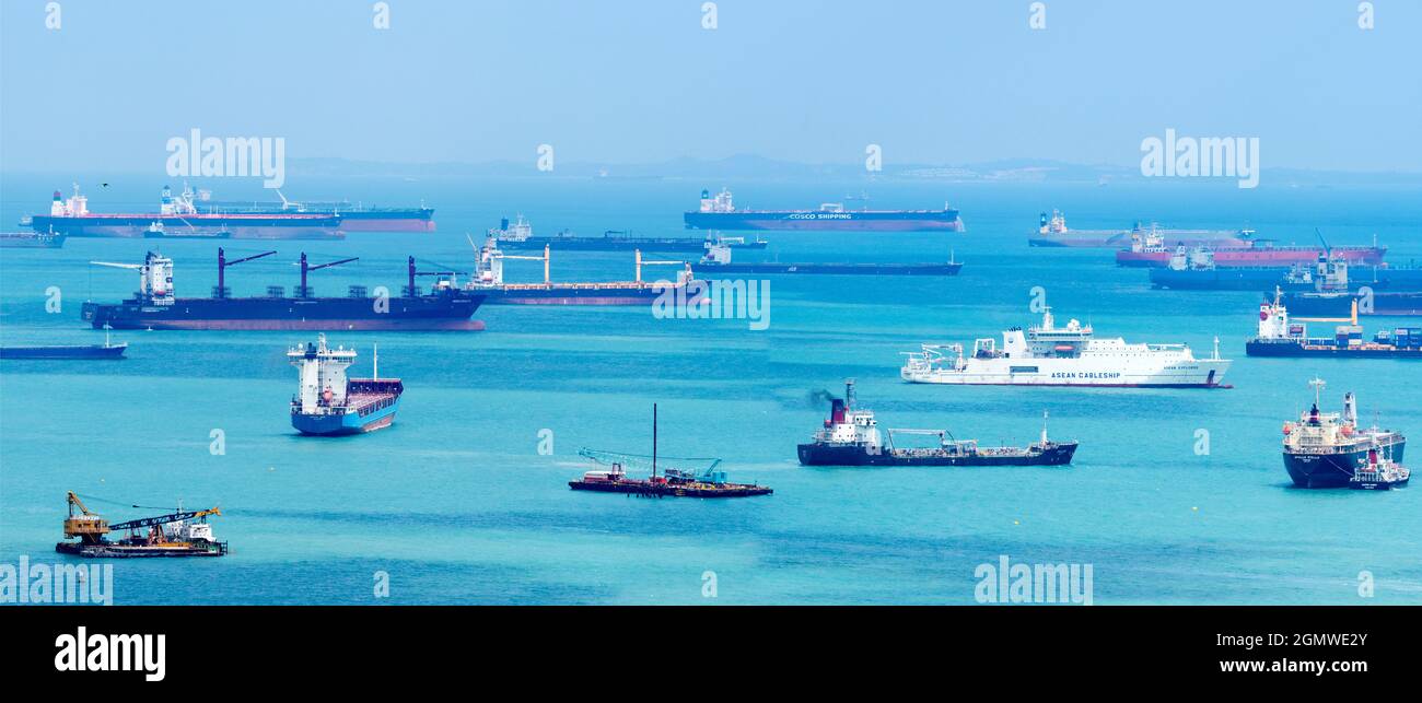 Singapore Bay, Singapore - 3 March 2019 Singapore lives or dies on its trade. Here we see its packed harbor, a hub of world tradeSingapore Bay, Singap Stock Photo