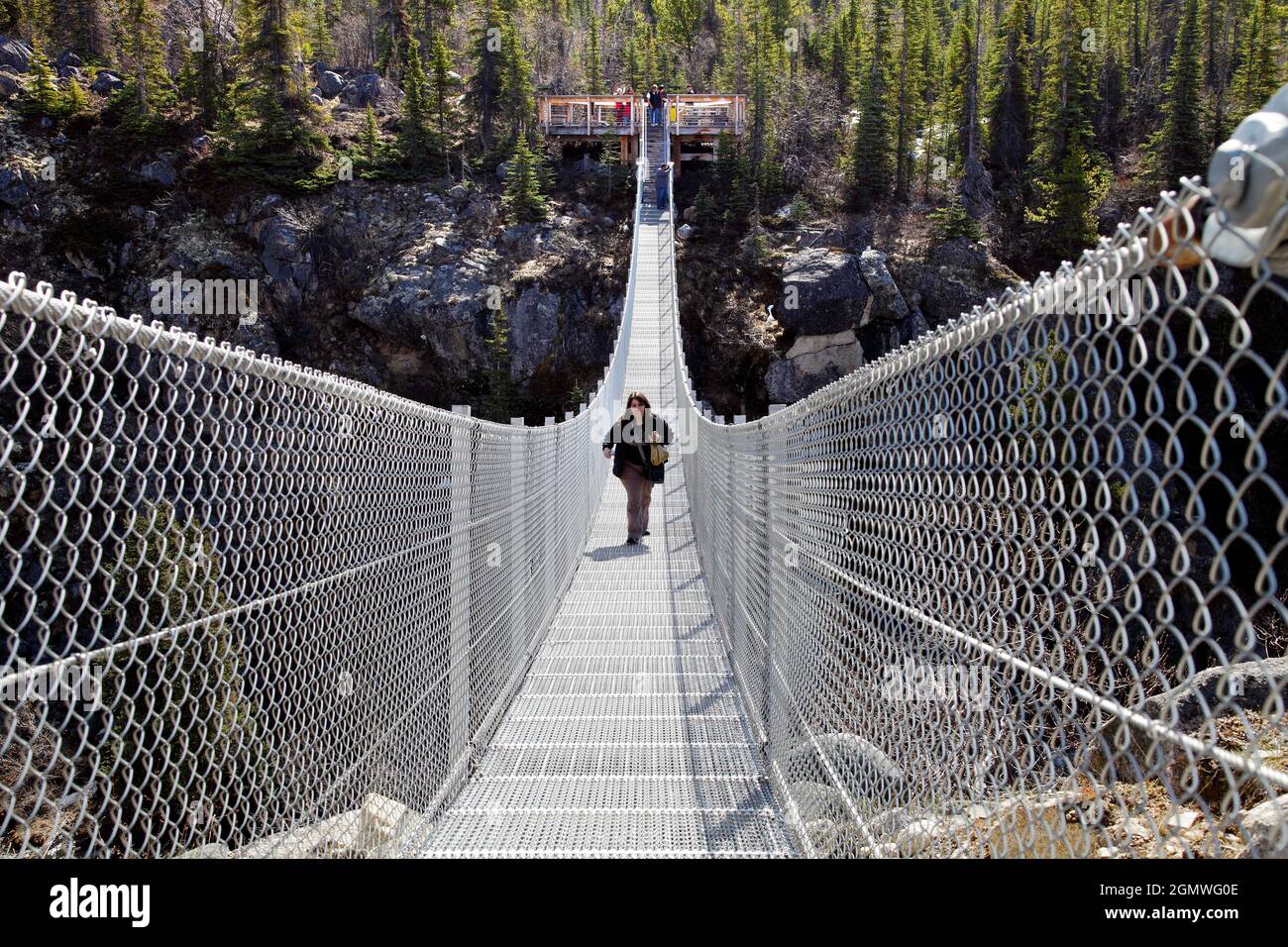 British Columbia, Canada - 24 May 20120; one person in view. This scary bridge over the Yukon River in Canada spans a steep valley leading to a drop t Stock Photo
