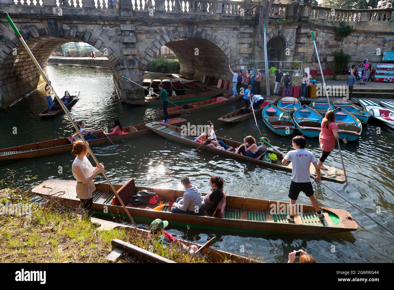 Oxford, England - 2012; This area of the Cherwell River by Magdalen Bridge is a favourite spot for punting and rowing during the spring and summer mon Stock Photo