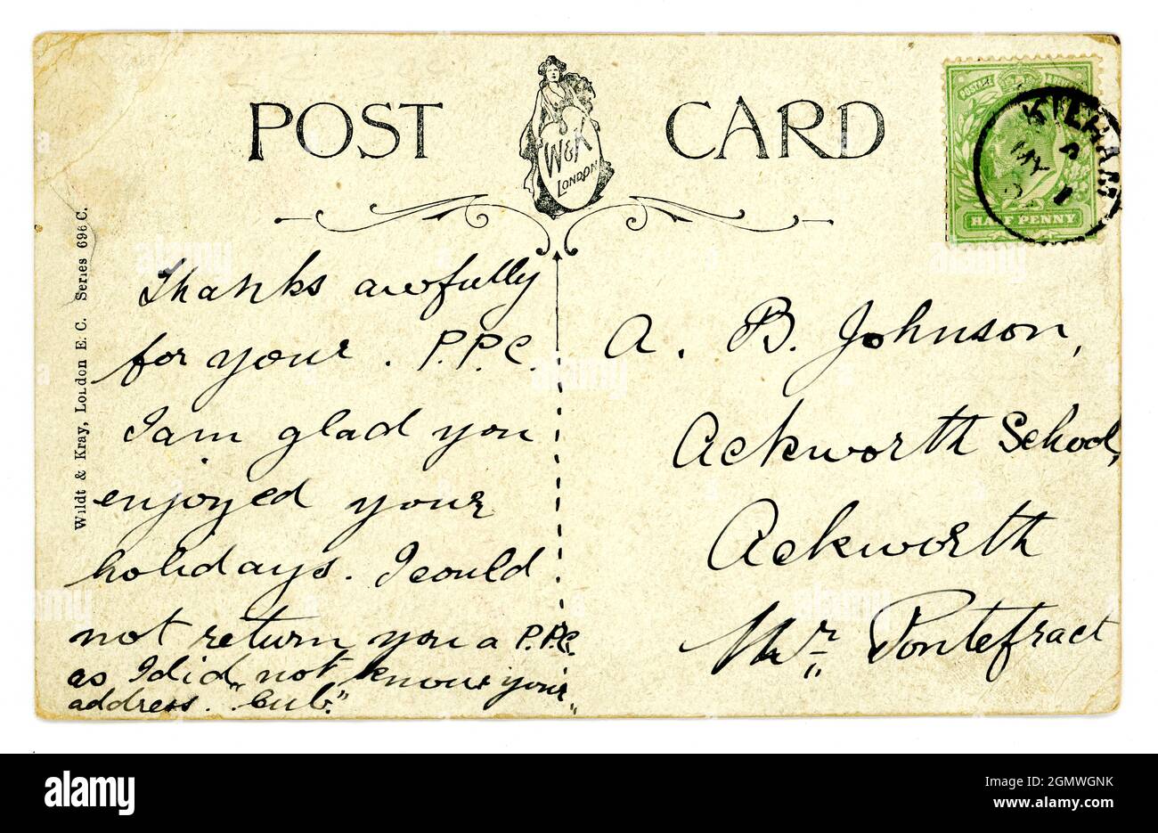 Reverse of original Edwardian era, early 1900's greetings postcard with attractive design and typeface. Published by Wildt and Kray, (W & K) London E.C indistinct postmark May 1 1907 (green half penny King Edward VII stamp) posted  East Riding of Yorkshire, U.K. Stock Photo